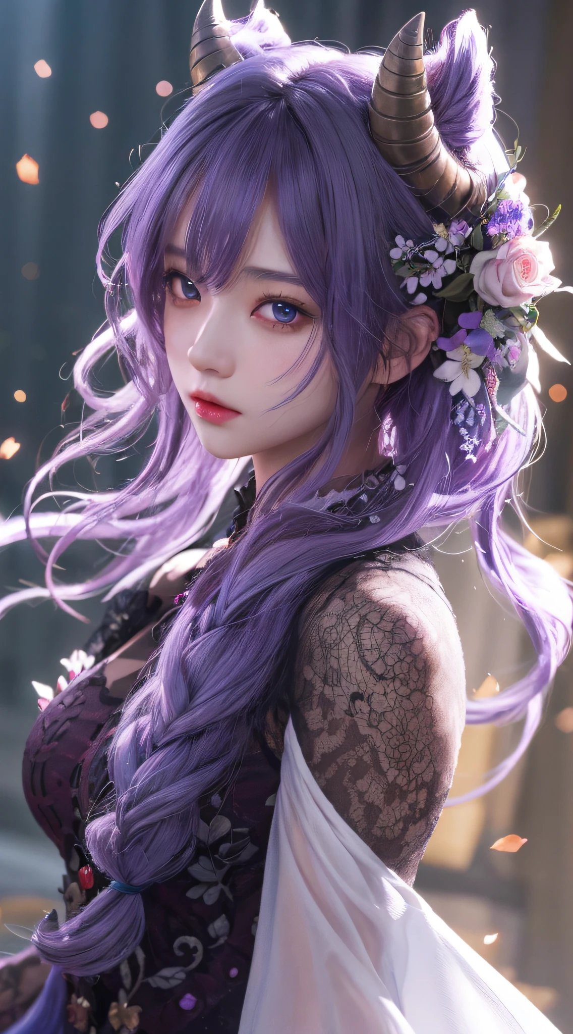 Anime girl with purple hair and horns in a white dress, style of anime4 K, Guviz, 8K high-quality detailed art, Anime style. 8K, Guviz-style artwork, Detailed digital anime art, Beautiful digital artwork, Smooth anime CG art, 2. 5 D CGI anime fantasy artwork, a beautiful anime portrait, Beautiful anime girl