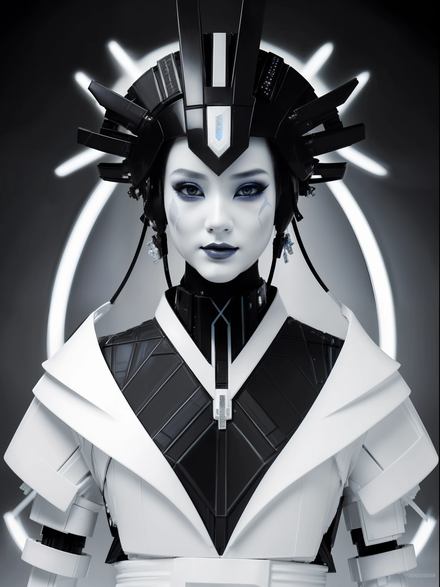 a girl with a white face paint and black makeup, in the style of futuristic designs, dark white and light blue, yuan dynasty, robotic motifs, uhd image, patrick woodroffe, rococo-inspired