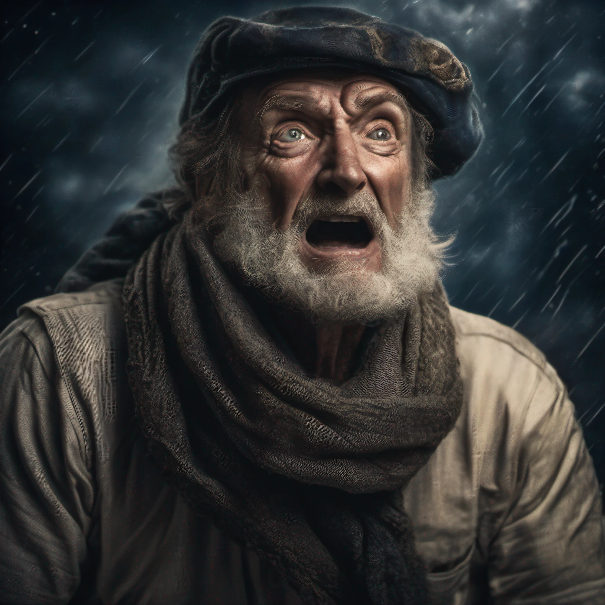award winning upper body portrait photo of a man an old screaming sailor, wearing scarf, eyes looking upwards, (bokeh:0.7), sidelit, (wrinkled face in detail:0.7), telephoto, moonlit, torchlit, gritty atmosphere, oceanic night exterior, realistic, intricate details, true aged skin texture