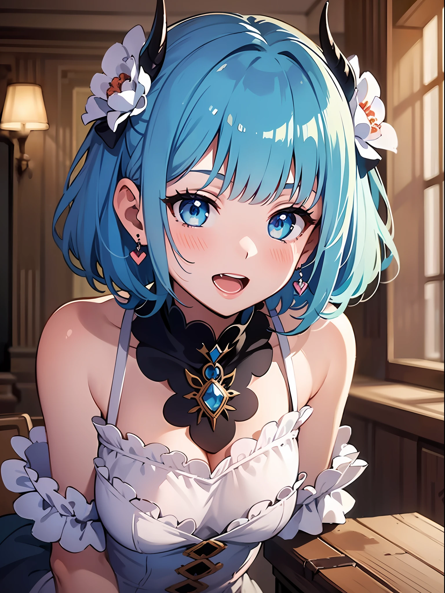 (masterpiece:1.3), (best quality:1.3), high resolution,
couboy shot,
leaning forward, body facing forward,
(one cute girl:1.3), solo,
white skin, small Breast, eight-headed person,
light blue hair, (bobbed hair:1.2), (short hair:1.2), (blunt bangs:1.2), beautiful hair, blue eyes, beautiful detailed eyes,
blush, open mouth, heart, cheerful smile,
succubus, devil king, earrings,
indoors, the devil's chair, castle of the demon king,
shadowlighting,