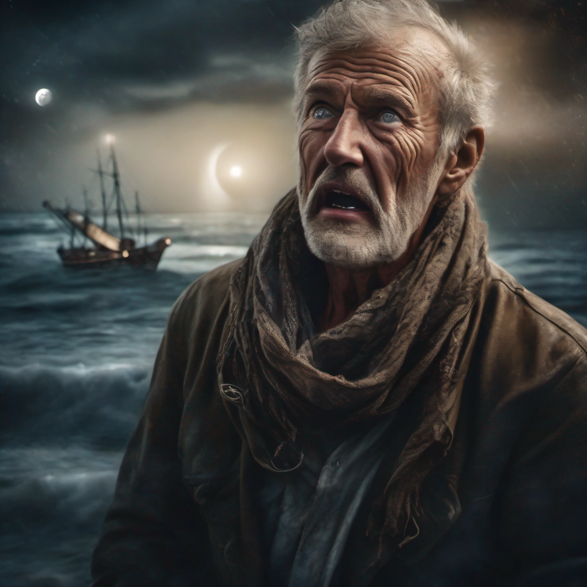 award winning upper body portrait photo of a man an old screaming sailor, wearing scarf, eyes looking upwards, (bokeh:0.7), sidelit, (wrinkled face in detail:0.7), telephoto, moonlit, torchlit, gritty atmosphere, oceanic night exterior, realistic, intricate details, true aged skin texture