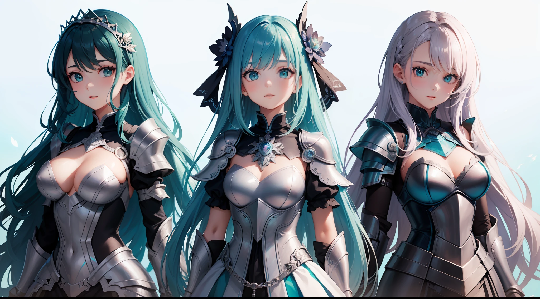 Three girls with iridescent hair and detailed teal dress armor, Standing, White background, blue open sky, Intricate details, Perfect face