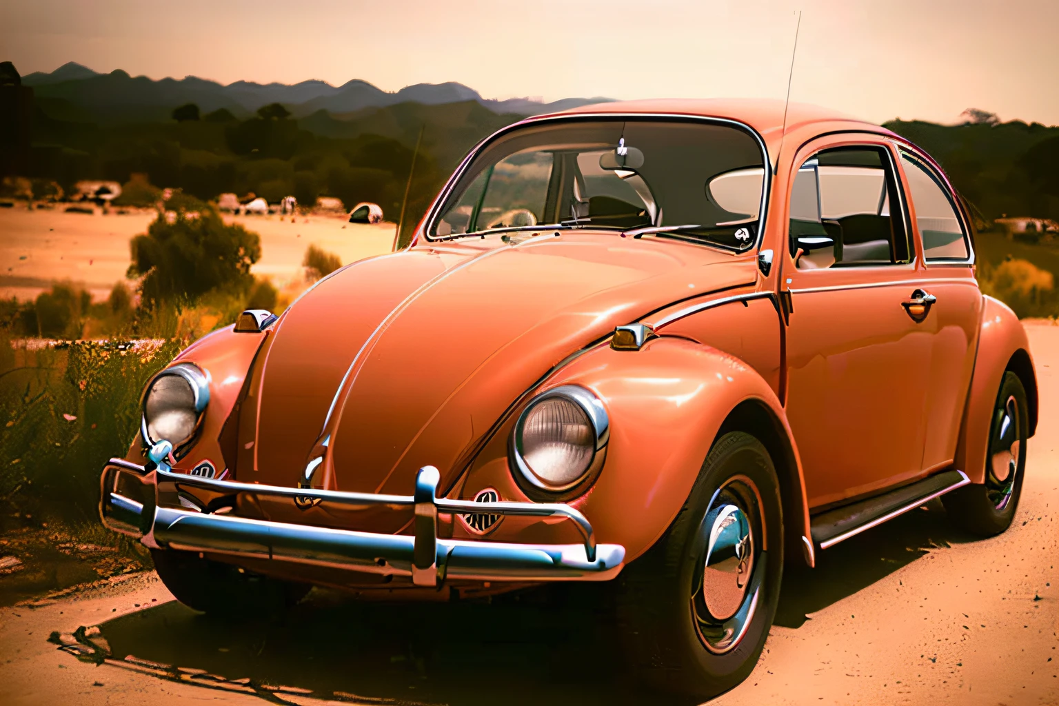 analog gloomy photo of a red Volkswagen Beetle car, ((three quarter view)), (dark sunset), driving on a dirt road, (dilapidated town), 1969, ((horror movie)), slasher film, texas chainsaw massacre, film grain, retro, High Detail, Sharp focus, ((photorealism)), realistic, best quality, 8k, award winning, dramatic lighting, epic, cinematic, masterpiece