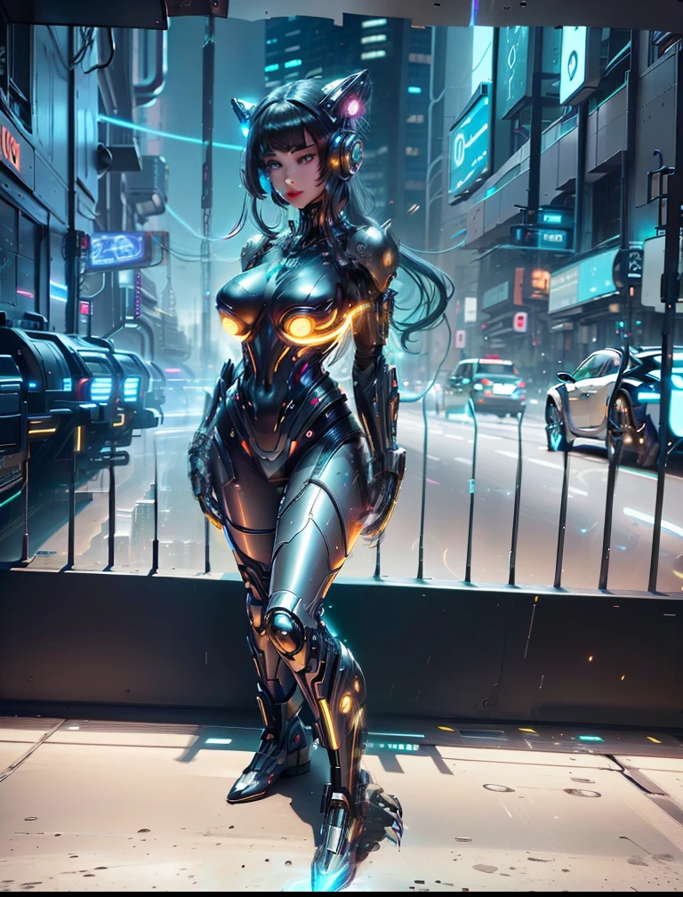 A cybernetic woman with electric eyes, burning metallic hair, piel iridiscente con patrones de circuitos, nails sharp as claws, y una mirada misteriosa. The neon light of the environment reflects on its metallic curves as it rises majestically over a futuristic landscape filled with glittering skyscrapers, bustling streets and flying vehicles. The city is illuminated by a starry sky and a full moon, which add a touch of cosmic charm. The cybernetic woman emanates an aura of power and mystery, evoking the sense of a technological and fascinating future. The image will be executed as a high-resolution photograph, capturing every detail of the cybernetic woman and the environment around her. The photographic style will emphasize neon lighting and metallic sheen, conveying a futuristic and technological atmosphere. The state-of-the-art camera will be used to capture the image, ensuring sharp detail and vibrant colors.