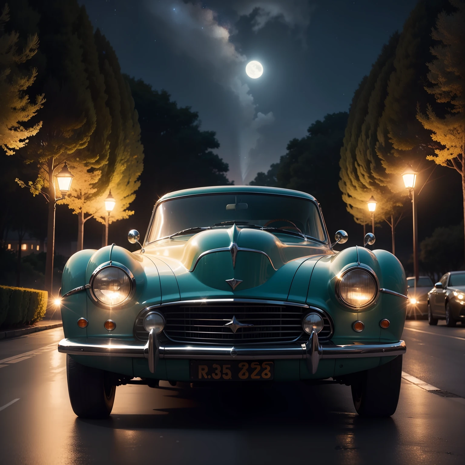 Na imagem, an old car is parked in an open place, cercado por uma paisagem noturna encantadora. A lua, brilhante e cheia, Dominates the sky, casting a soft, silvery light on the car and the surrounding environment.The stars twinkle in the dark sky, Adding a magical touch to the scene. The body of the vehicle is bright and flawless, refletindo o brilho da lua e das estrelas.Nearby trees create interesting silhouettes in the moonlight, adding a touch of mystery to the nightscape. The tranquil and serene environment invites you to a sense of peace and contemplation.O carro, with its elegant lines and bright headlights, parece estar pronto para uma aventura noturna sob o olhar atento da lua. The combination of the night scenery and the elegant vehicle creates a mysterious and inspiring atmosphere.