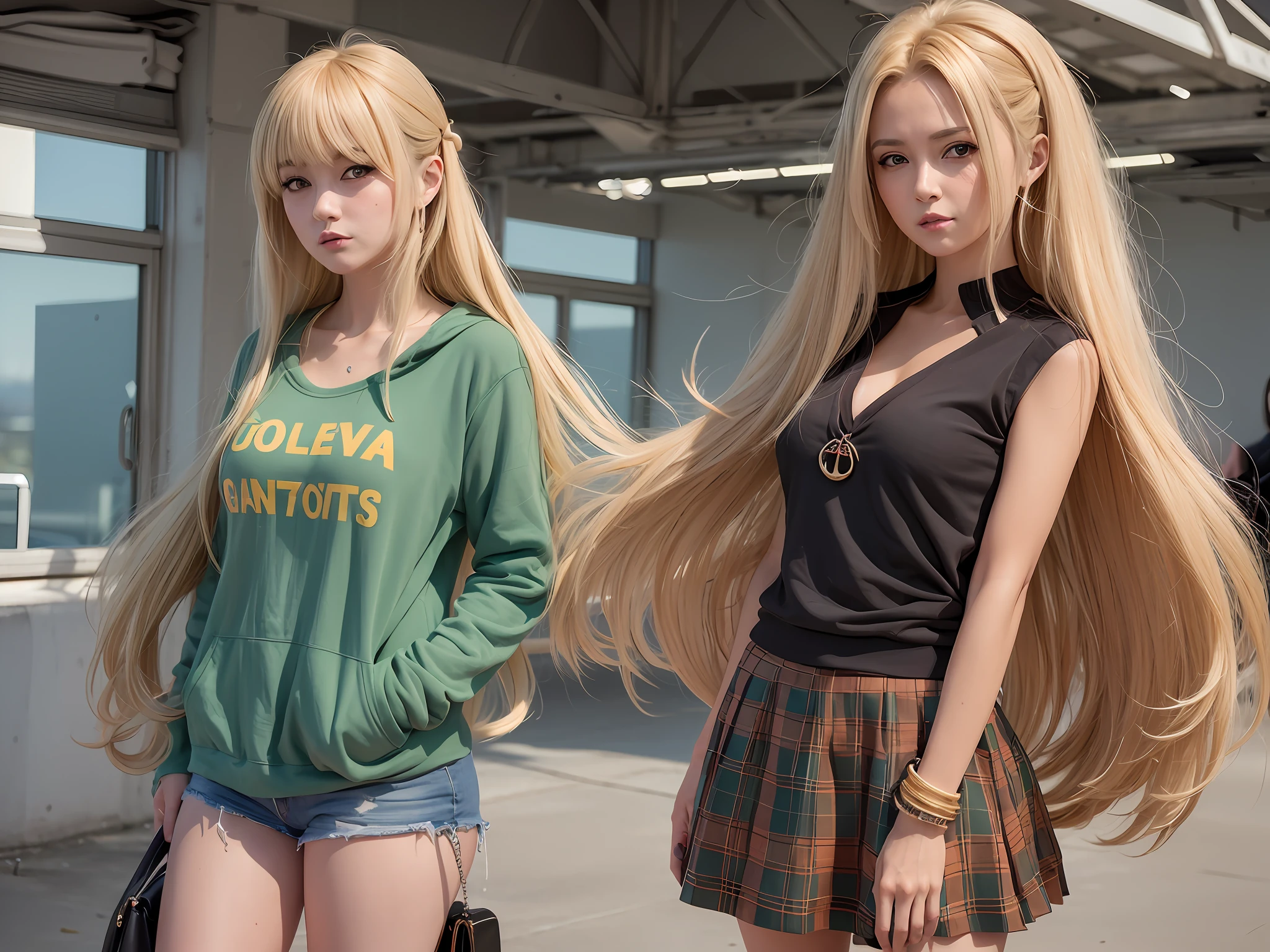 two women with long blonde hair standing next to each other, Menina anime na vida real, duas lindas garotas de anime, Estilo anime 3D realista, menina anime loira com cabelo longo, Anime cosplay, estilo anime moderno, anime realista, Estilo anime misturado com Fujifilm, anime hiper realista, com longos cabelos loiros, Anime Garota Cosplay, muito estilo anime, garotas de anime
