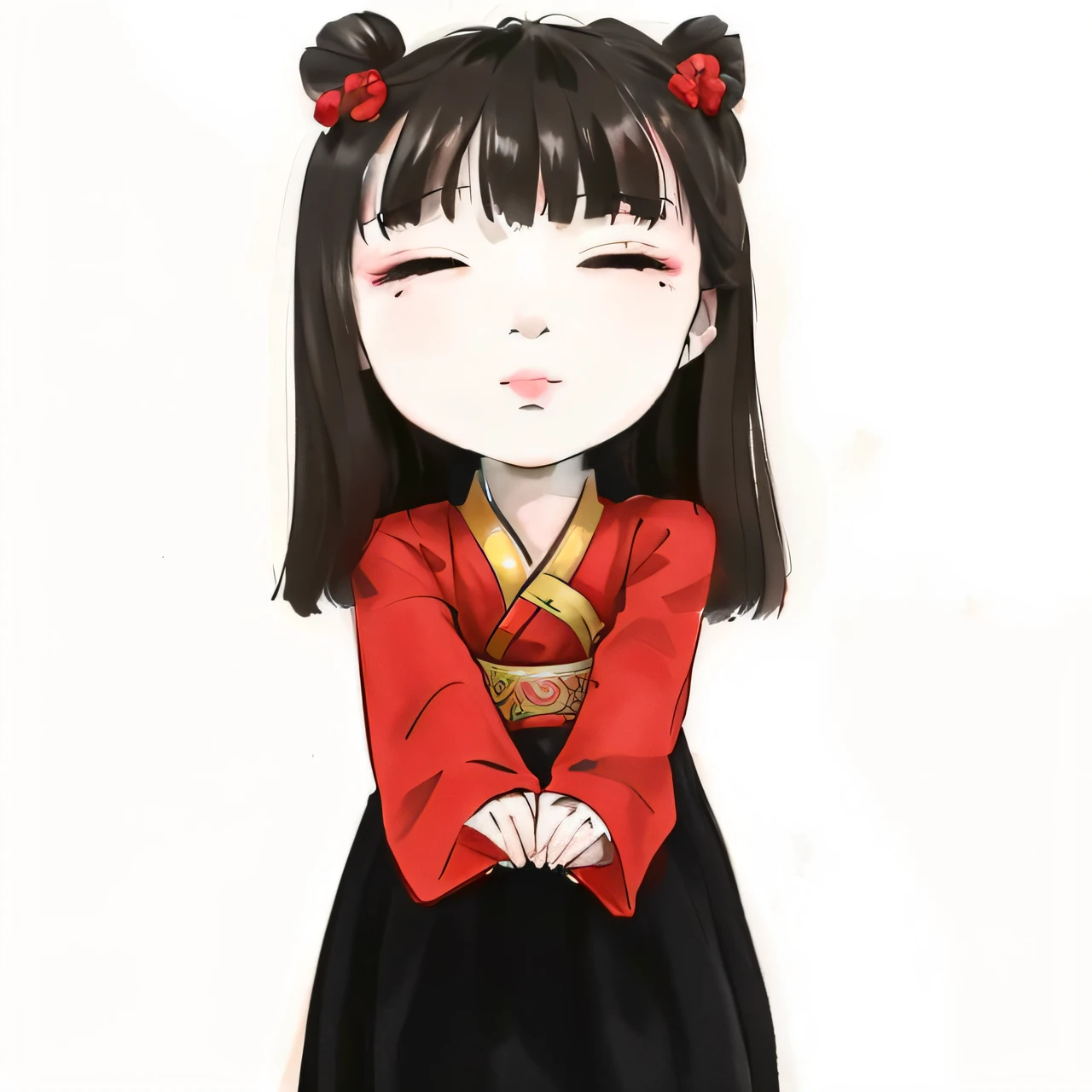 Cartoon girl with a red shirt and black skirt holding her hands together, inspirado em Miao Fu, inspirado em Miwa Komatsu, Mihoyo Estilo de Arte, inspirado em Mei Qing, inspirado em Mi Fu, Mulan, inspirado por Li Mei-shu, Mitsumayo, inspirado em Ma Lin, Miko, inspirado em Luo Mu, inspirado em Ma Yuanyu