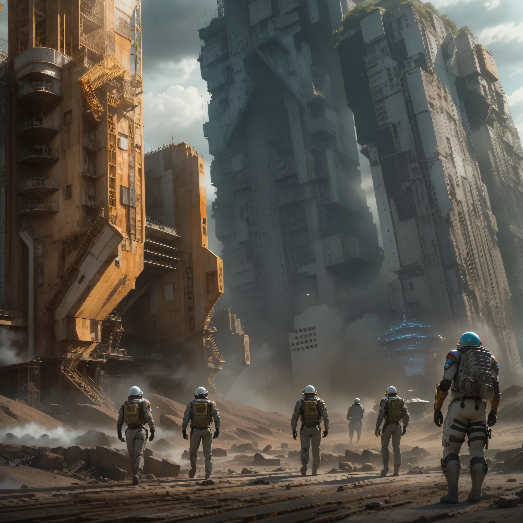 en estilo comic, basado en la pelicula prometheus: (( la tripulacion de la spacecraft prometheus, hombres y mujeres)), inspeccionas una ciudad de un planeta desconocido , con enormes edificios altamente tecnologicos. cuyos materiales de construccion son la plata, el oro y el bronce.