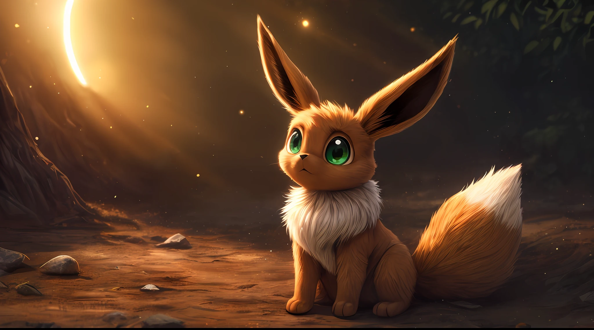The bunny is a child ikes to ask why,She always had a lot of big questions in her little head。。。,Like what,Why do carrots grow in the ground and not on trees?Why is the moon in the water after being scooped up,It becomes a small moon?Why do the stars in the sky always blink, Solo ((feral eevee)) with ((brown body)) and (white neck tuft) and ((Fluffy tail)) and ((clear green eyes)), (detailed feral brown fox eevee), (Detailed lighting), (detailed brown fox fur), Break, (Cinematic lighting), ((Detailed background)), ((Depth of field)), (half body shadow), ((Sunlight)), Break, ((Intricate, High detail, Film photography, Sharp focus, RAW candid cinema, Realistic, Photorealistic, analogue style, Subsurface scattering, Masterpiece, Best quality, Ultra photo realsisim, 8K)),