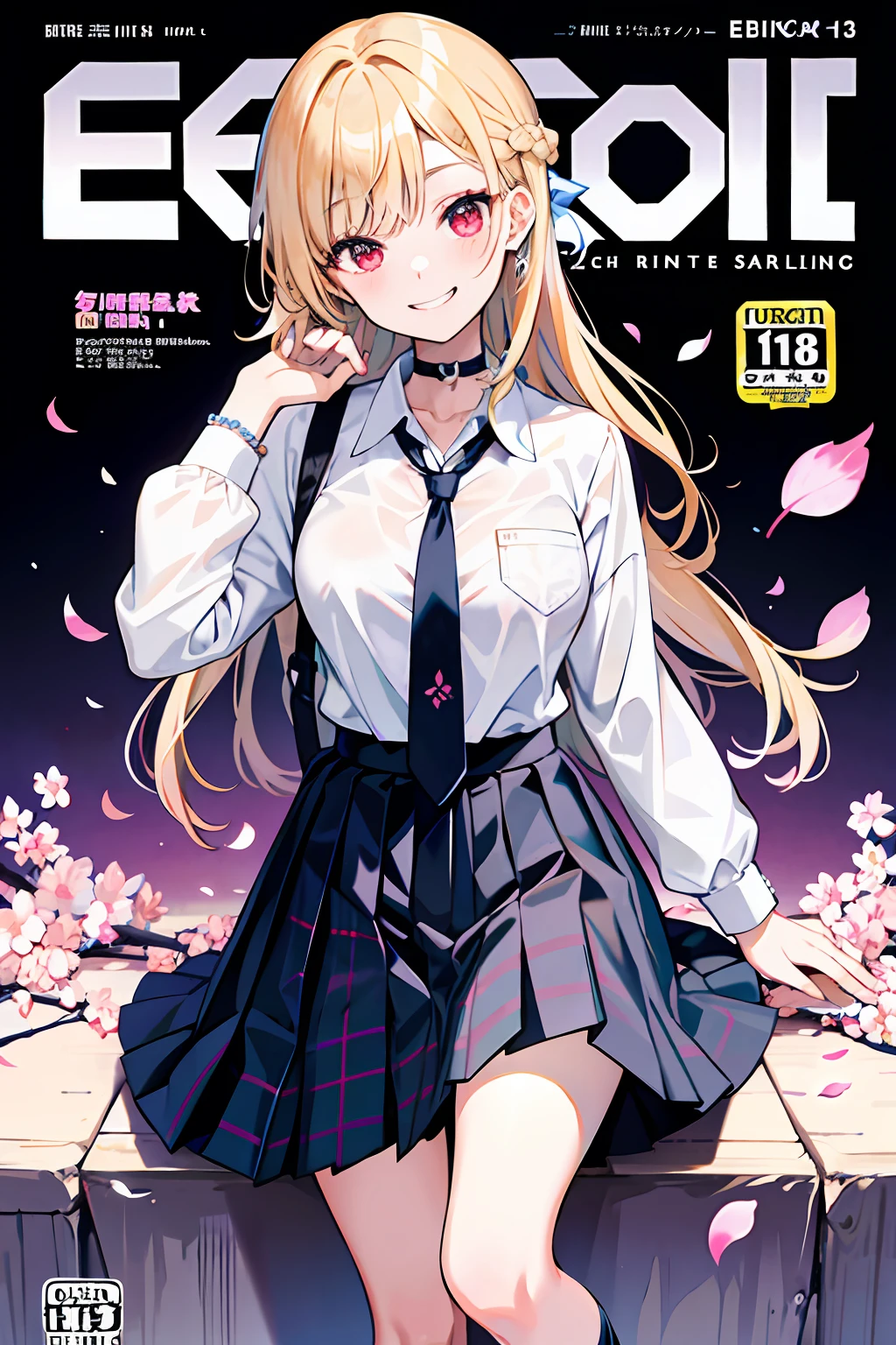 masterpiece, best quality, full body, 1girl, bangs, black choker, black necktie, blonde hair, blue skirt, blush, bracelet, breasts, choker, clothes around waist, collarbone, collared shirt, cowboy shot, dress shirt, ear piercing, eyebrows visible through hair, gradient hair, grin, gyaru, jewelry, kogal, long hair, looking at viewer, loose necktie, necktie, piercing, plaid, plaid skirt, pleated skirt, red eyes, ring, school uniform, shirt, skirt, smile, solo, white shirt, street, sky, cherry blossoms, petals,illustration, (magazine:1.3), (cover-style:1.3), fashionable, woman, vibrant, outfit, posing, front, colorful, dynamic, background, elements, confident, expression, holding, statement, accessory, majestic, coiled, around, touch, scene, text, cover, bold, attention-grabbing, title, stylish, font, catchy, headline, larger, striking, modern, trendy, focus, fashion,