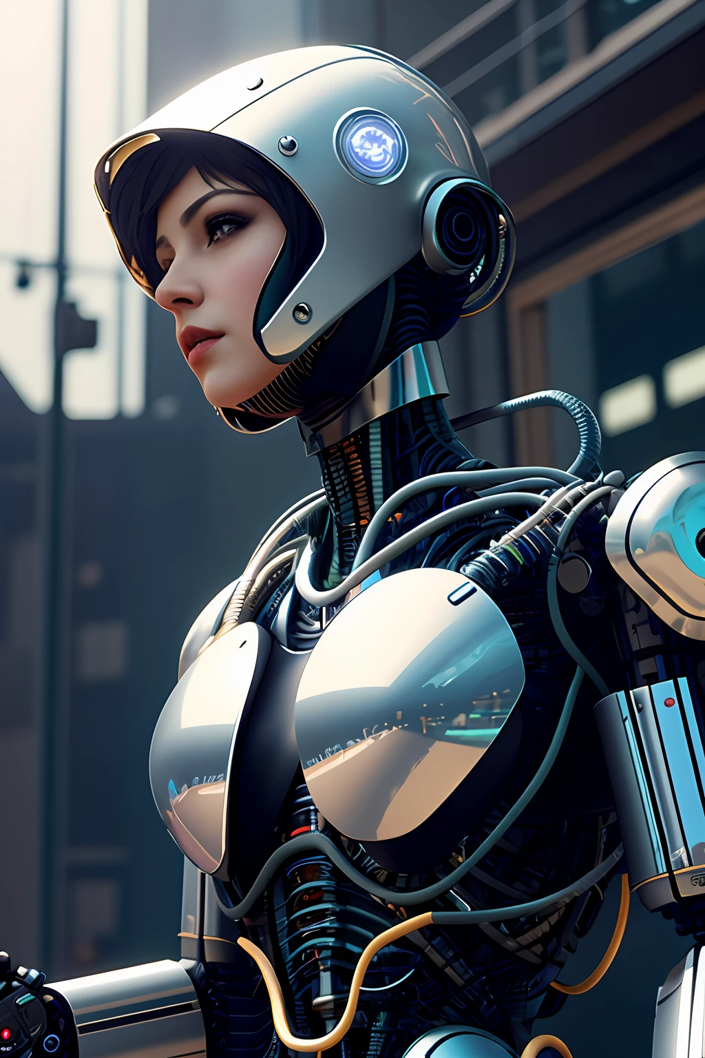 complex 3d render ultra detailed of a beautiful porcelain profile woman android face, cyborg, robotic parts, 150 mm, beautiful studio soft light, rim light, vibrant details, luxurious cyberpunk, lace, hyperrealistic, anatomical, facial muscles, cable electric wires, microchip, elegant, beautiful background, octane render, H. R. Giger style, 8k, best quality, masterpiece, illustration, an extremely delicate and beautiful, extremely detailed ,CG ,unity ,wallpaper, (realistic, photo-realistic:1.37),Amazing, finely detail, masterpiece,best quality,official art, extremely detailed CG unity 8k wallpaper, absurdres, incredibly absurdres, robot, silver halmet, full body, sitting