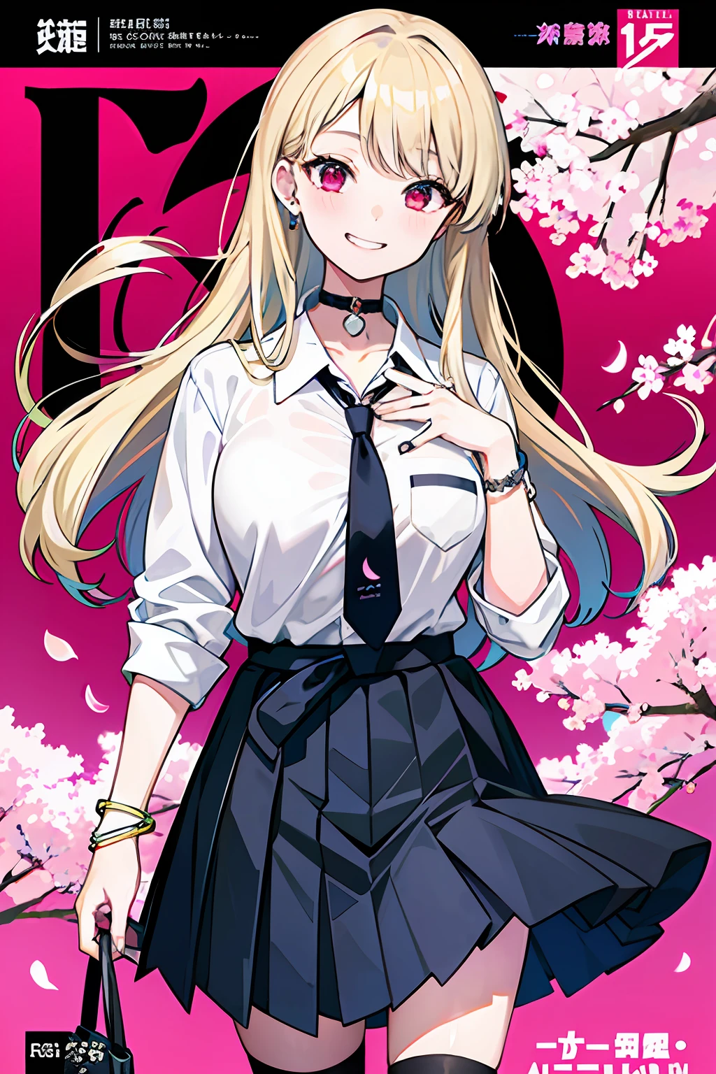 masterpiece, best quality, full body, 1girl, bangs, black choker, black necktie, blonde hair, blue skirt, blush, bracelet, breasts, choker, clothes around waist, collarbone, collared shirt, cowboy shot, dress shirt, ear piercing, eyebrows visible through hair, gradient hair, grin, gyaru, jewelry, kogal, long hair, looking at viewer, loose necktie, necktie, piercing, plaid, plaid skirt, pleated skirt, red eyes, ring, school uniform, shirt, skirt, smile, solo, white shirt, street, sky, cherry blossoms, petals,illustration, (magazine:1.3), (cover-style:1.3), fashionable, woman, vibrant, outfit, posing, front, colorful, dynamic, background, elements, confident, expression, holding, statement, accessory, majestic, coiled, around, touch, scene, text, cover, bold, attention-grabbing, title, stylish, font, catchy, headline, larger, striking, modern, trendy, focus, fashion,