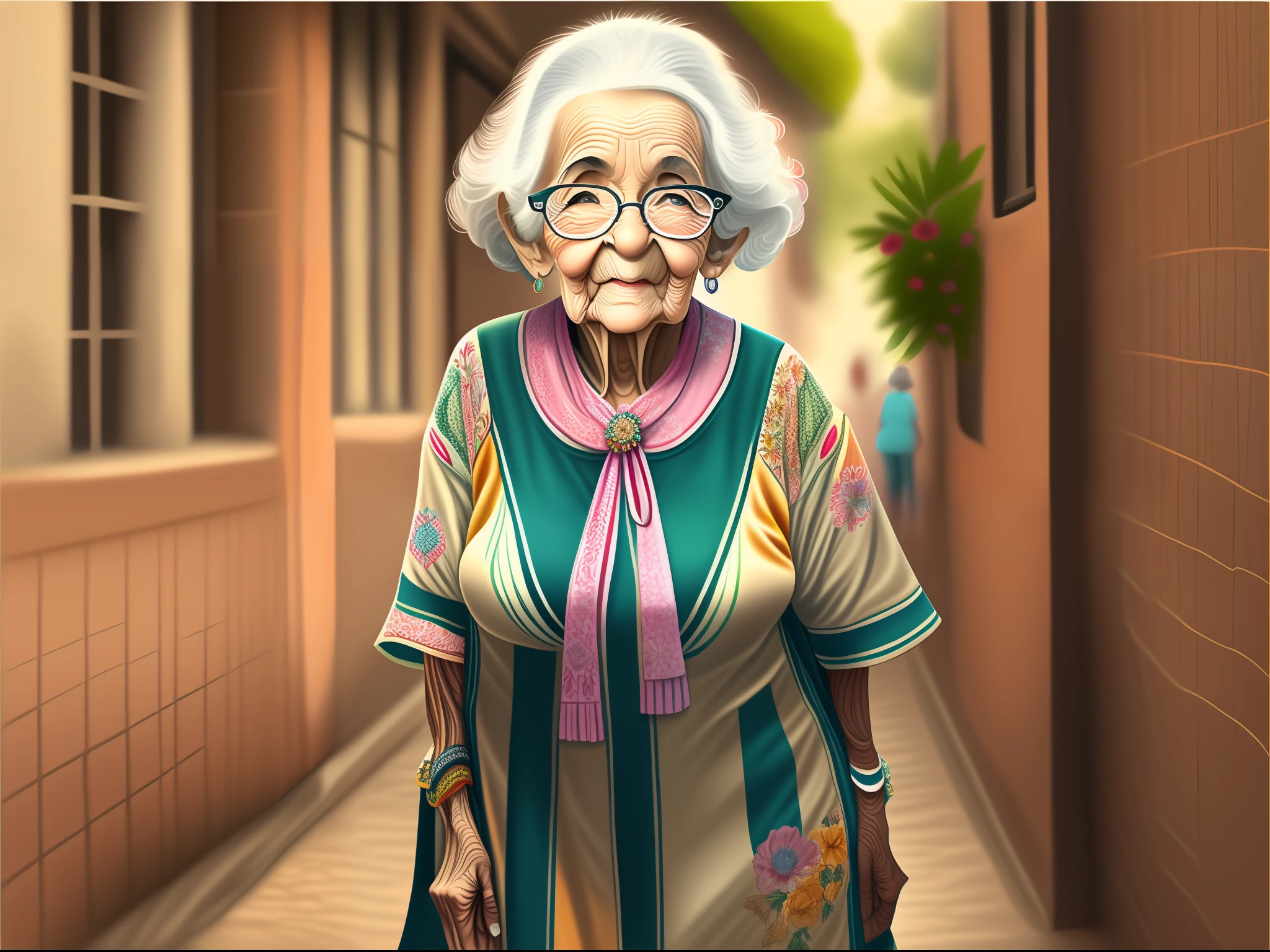 Pleasant Brazilian elderly woman, Bonito, cabelos curtos e cacheados, nice pose, anatomia perfeita, usando roupas casuais, chapinhar, Rua, High detail, alta qualidade, Detalhes, Beautiful, Cor vibrante