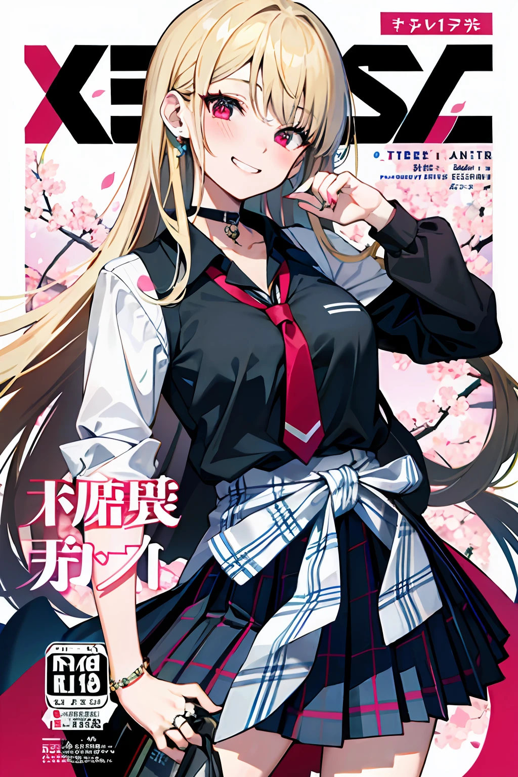 masterpiece, best quality, full body, 1girl, bangs, black choker, black necktie, blonde hair, blue skirt, blush, bracelet, breasts, choker, clothes around waist, collarbone, collared shirt, cowboy shot, dress shirt, ear piercing, eyebrows visible through hair, gradient hair, grin, gyaru, jewelry, kogal, long hair, looking at viewer, loose necktie, necktie, piercing, plaid, plaid skirt, pleated skirt, red eyes, ring, school uniform, shirt, skirt, smile, solo, white shirt, street, sky, cherry blossoms, petals,illustration, (magazine:1.3), (cover-style:1.3), fashionable, woman, vibrant, outfit, posing, front, colorful, dynamic, background, elements, confident, expression, holding, statement, accessory, majestic, coiled, around, touch, scene, text, cover, bold, attention-grabbing, title, stylish, font, catchy, headline, larger, striking, modern, trendy, focus, fashion,