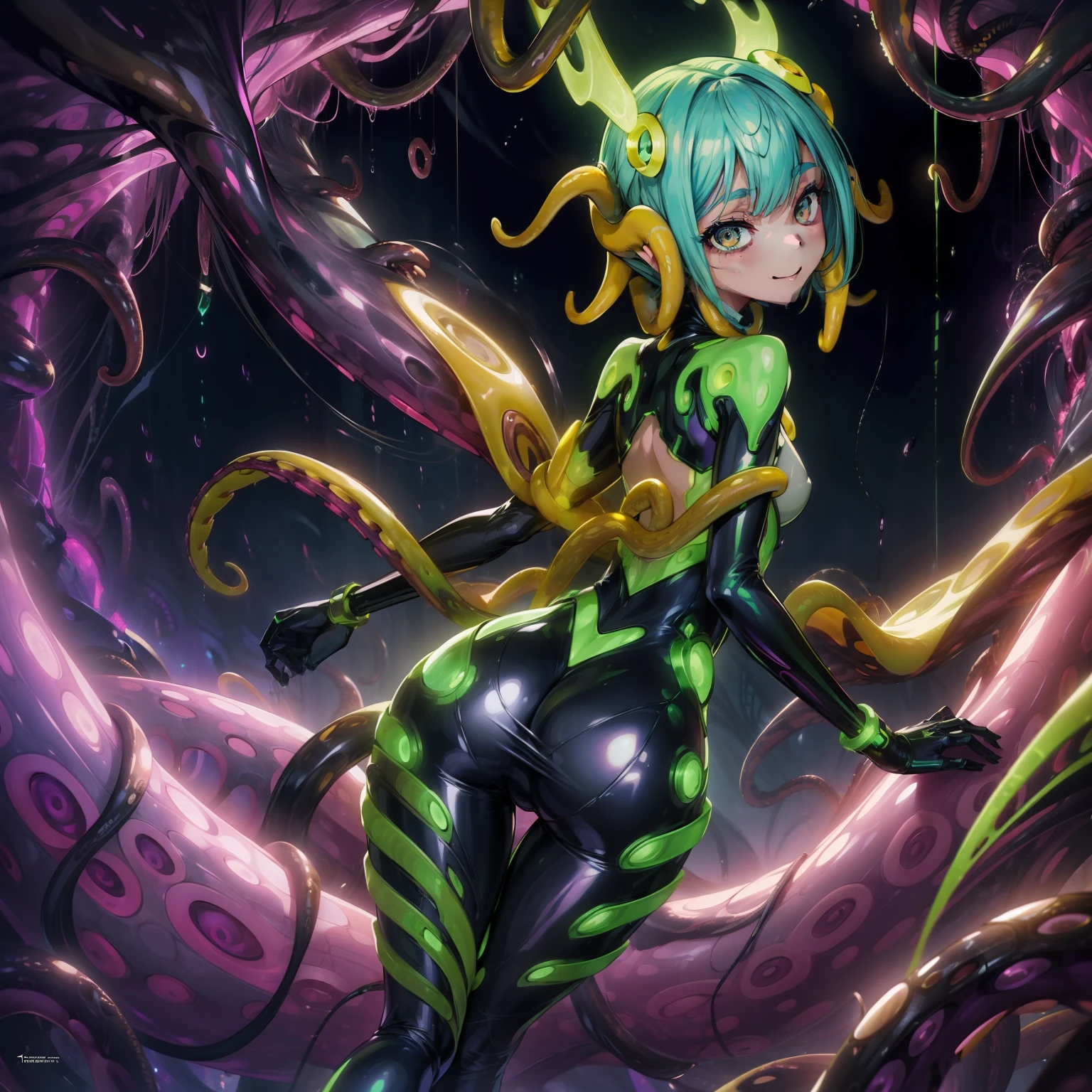 ((Girl fused with tentacles. Tentacles extending from behind)). Latex bodysuit. Cyber Costume. Taimanin suit. Hanging using tentacles. natta. Invincible smile. Mucous bodysuit. Inorganic background. facing front. Luminescent sphere of the chest