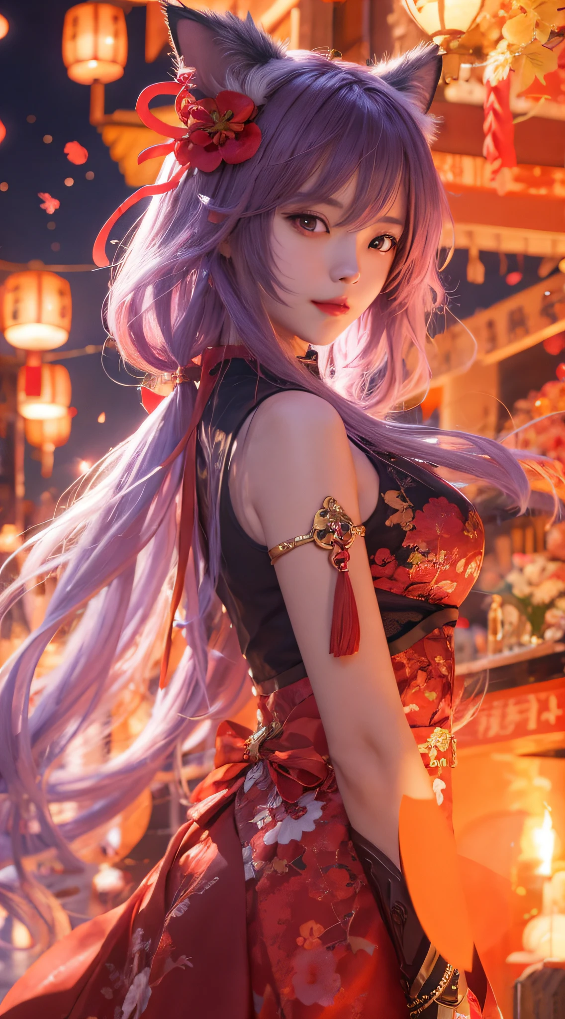 Anime girl with long hair cat ears and red dress, Guviz, style of anime4 K, Ayaka Genshin impact, trending on cgstation, Anime art wallpaper 8 K, Keqing from Genshin Impact, Guweiz in Pixiv ArtStation, Anime fantasy artwork, 2. 5 D CGI anime fantasy artwork, Anime art wallpaper 4k