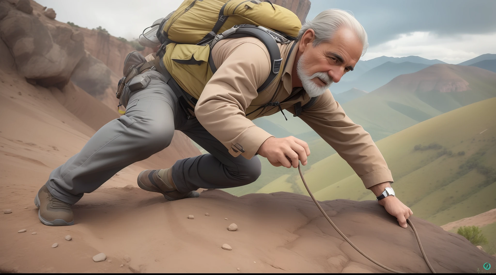 homem aparentando 50 years olhando para a camera, sem capacete, pouco cabelo , escalando uma montanha ingrime, realista