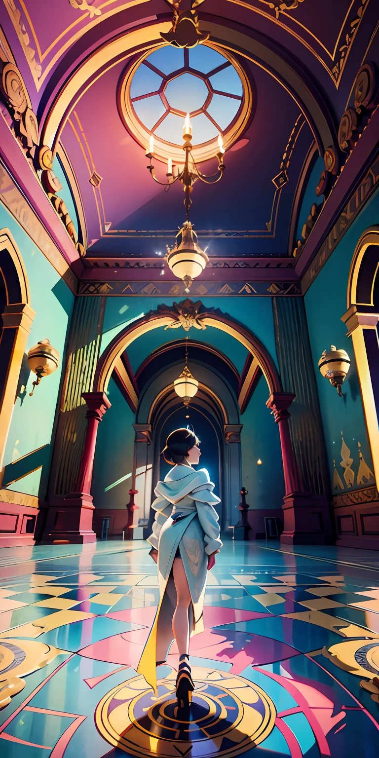 a gril ,3D character from Disney Pixar,an opulent interior in a large building with lighting, in the style of the stars art group (xing xing), 32k uhd --style scenic --s 400