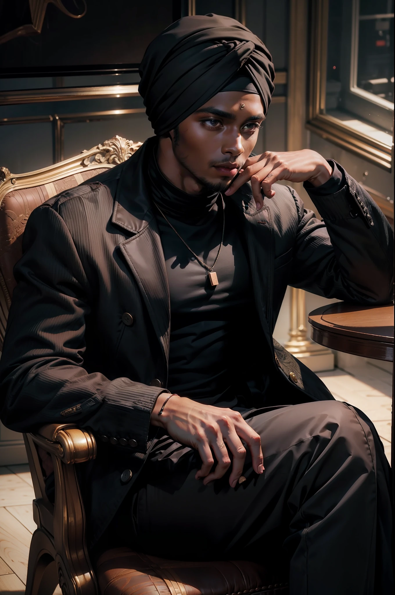 (ultra realistic, masterpiece) A young man ((chocolate skin)) ((wearing a turban headband)) (black hair) sits in a chair wearing ((black pants)), ((masculine)), (male), ((wearing jacket))