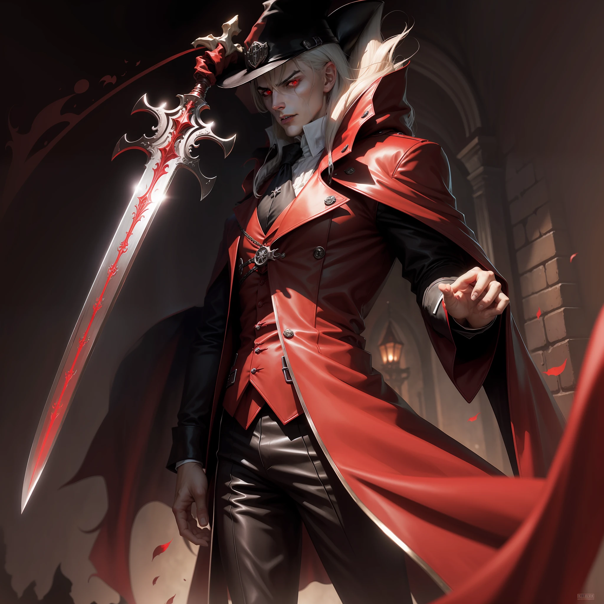 intimidating male dhampir, alucard (hellsing), red clothes, red cloak