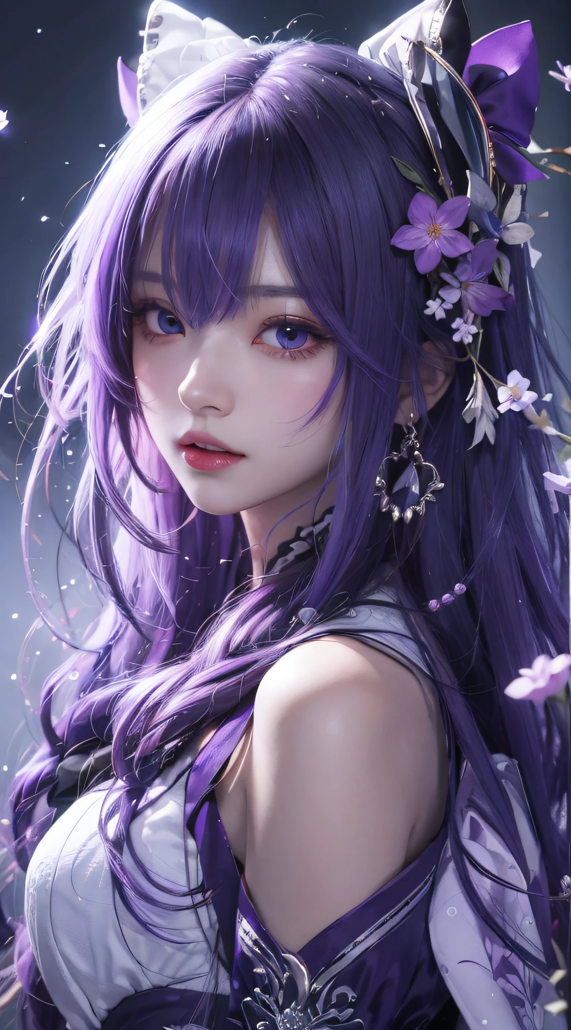 anime girl with long purple hair and a purple dress,There are flowers on the hair, Beautiful anime girl, a beautiful anime portrait, style of anime4 K, Anime art wallpaper 8 K, Anime art wallpaper 4k, Anime art wallpaper 4 K, Beautiful anime woman, Smooth anime CG art, Stunning anime face portrait, Anime wallpaper 4 k, Anime wallpaper 4K, Detailed digital anime art