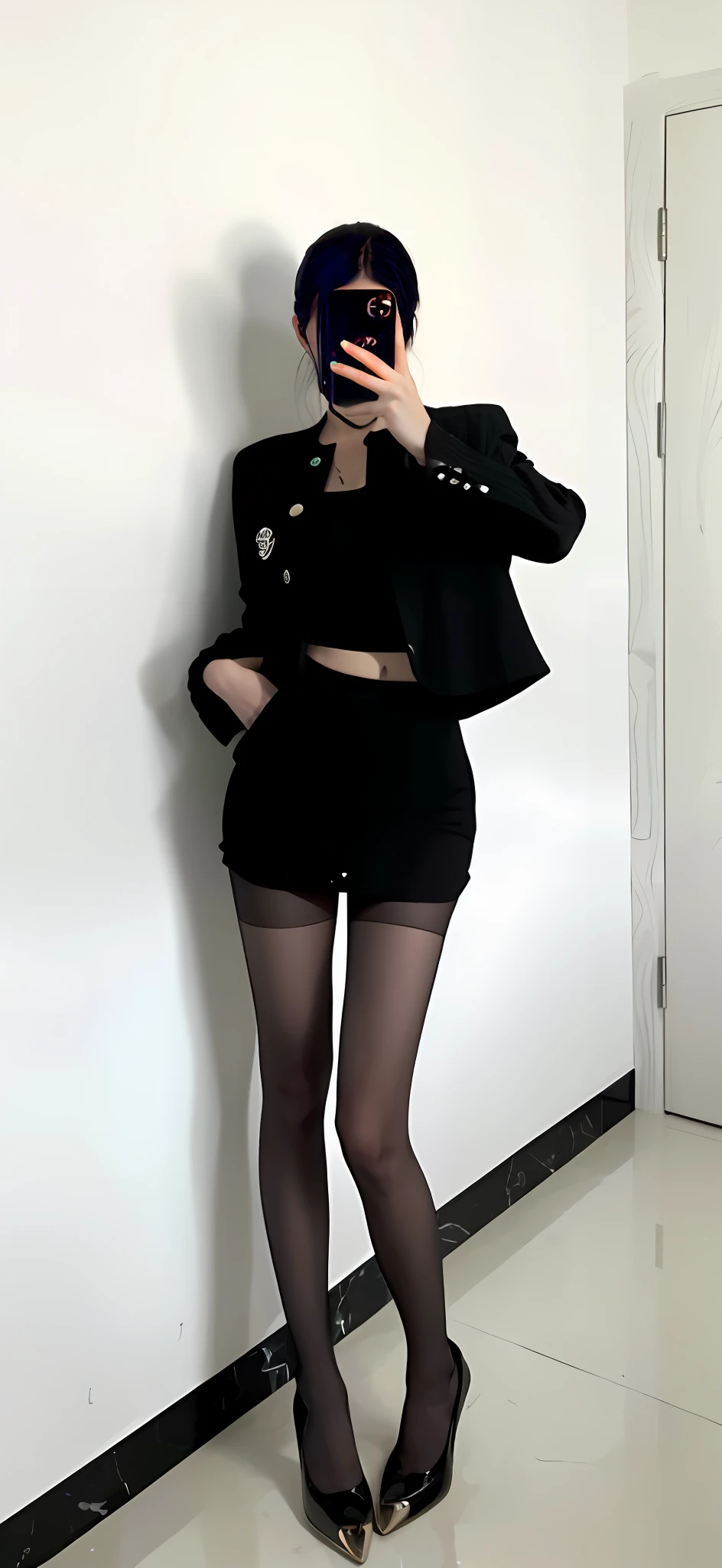 (best qualtiy,A high resolution,tmasterpiece:1.3),A tall and beautiful woman,Dark brown hair in loose wavy styling,nedium breasts,Wear a pendant,white button-down blouse,a black skirt,(Modern architecture in background),Beautifully rendered details in face and skin textures,Detailed eyes,二重まぶた
