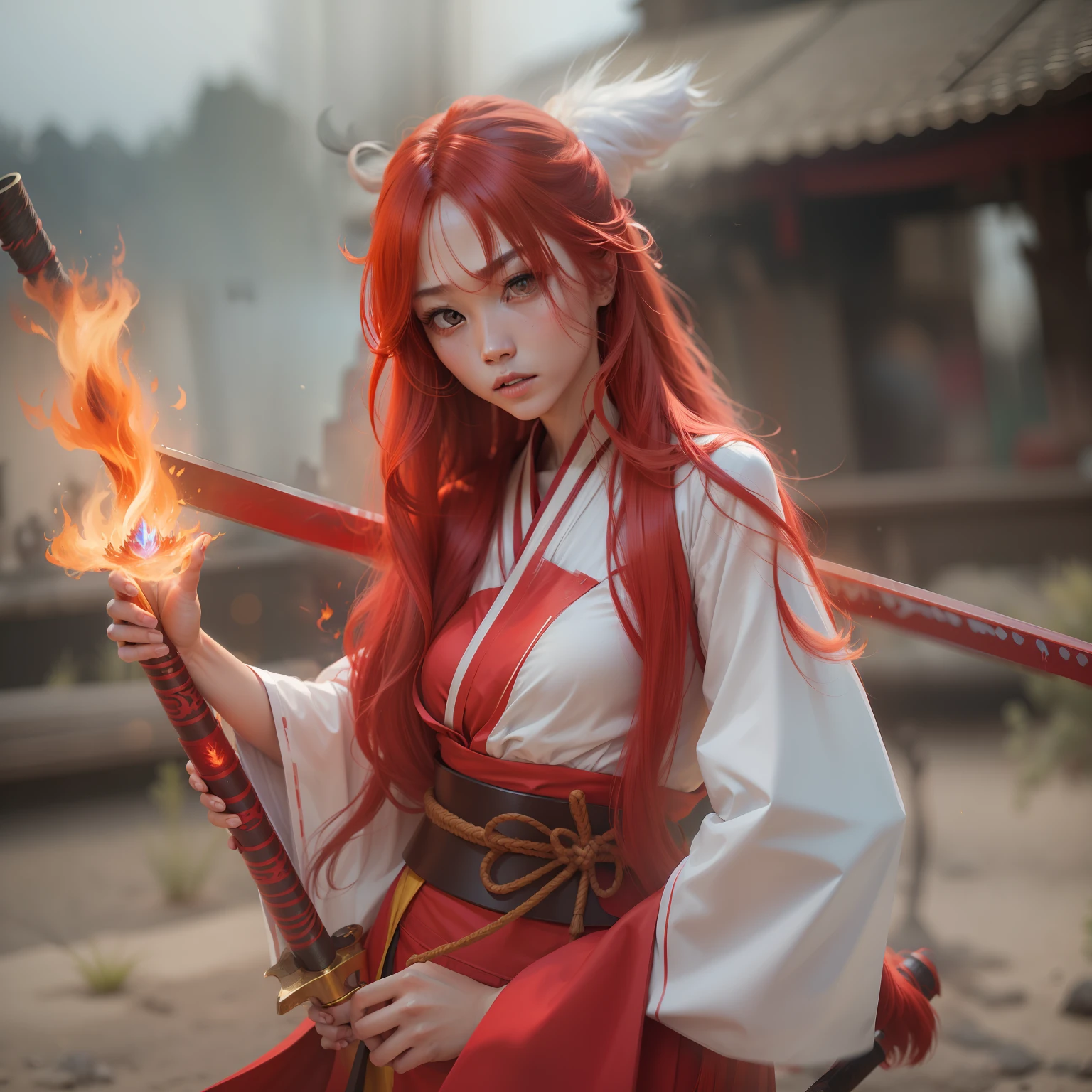 firey,firey焰,magia,photorealestic,woman,long whitr hair,redheadwear,flaming weapon,Red Hanfu