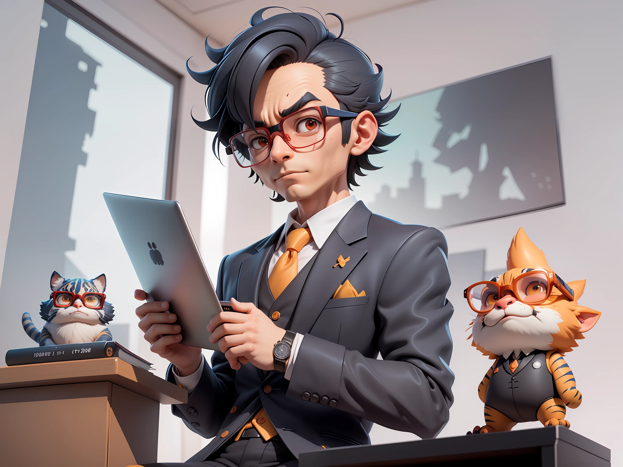 A young man in a suit, Short hair and glasses sat at his desk，holding laptop，digitial painting，tigre，3D character design by Mark Clairen and Pixar and Hayao Miyazaki and Akira Toriyama，4K HD illustration，Very detailed facial features and cartoon-style visuals。