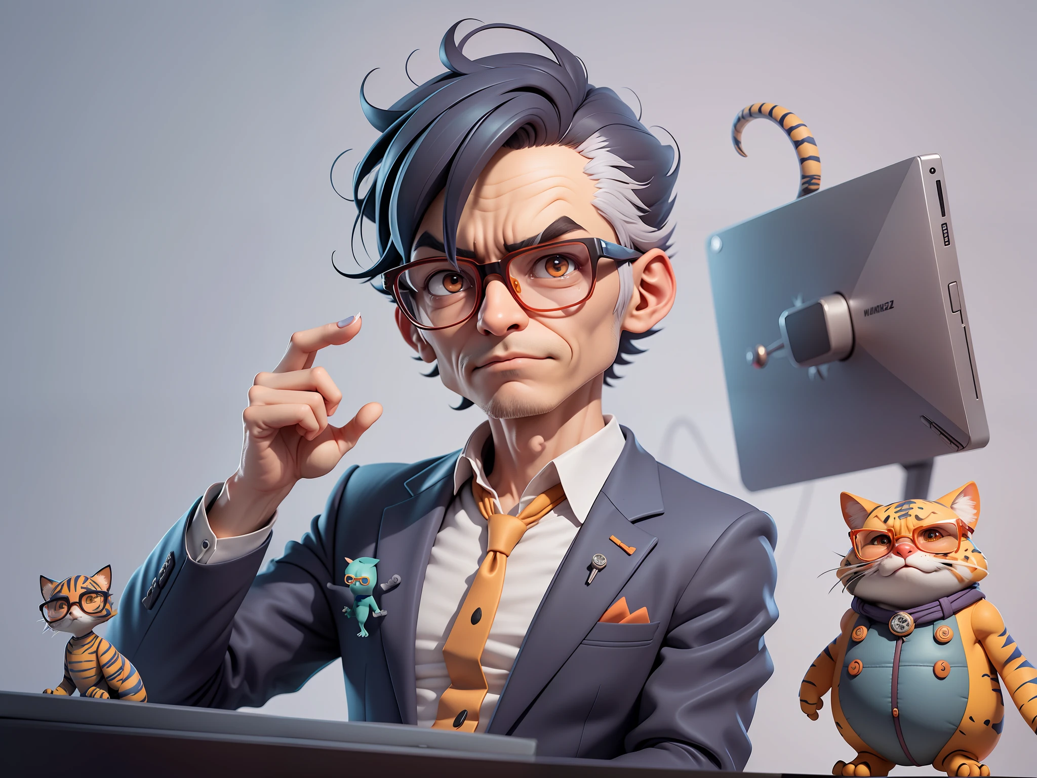 A young man in a suit, Short hair and glasses sat at his desk，holding laptop，digitial painting，tigre，3D character design by Mark Clairen and Pixar and Hayao Miyazaki and Akira Toriyama，4K HD illustration，Very detailed facial features and cartoon-style visuals。