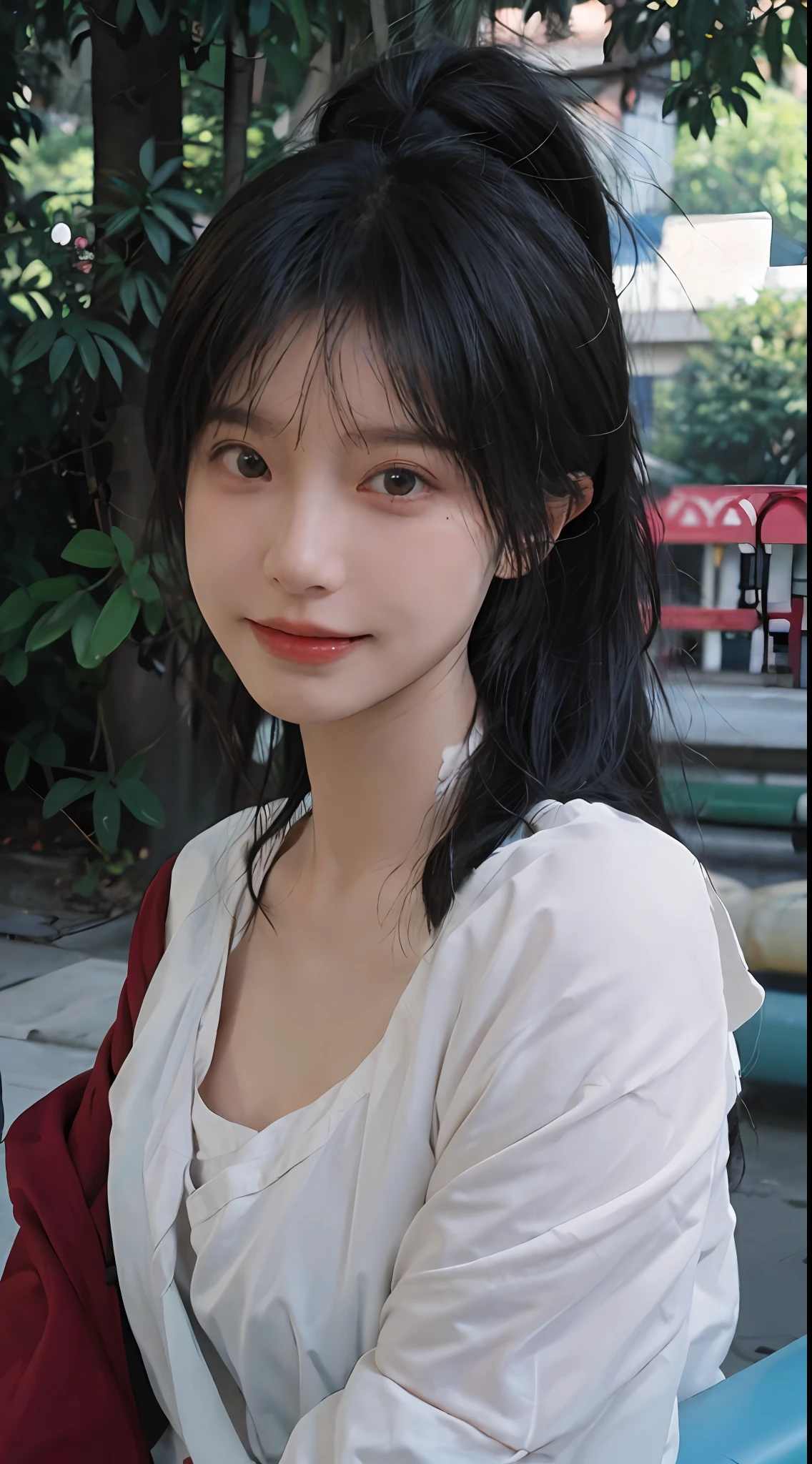best qualtiy, 超高分辨率, (realisticlying:1.4), head gear,Baoyu Girl, High ponytail,A pair of clear and moving peach blossom eyes,Royal Sister,校服,sunshine on face,Scroll,(School playground:1.4),(choker necklace:1.2),(Fair skin:1.9),(full bodyesbian:1.2)a sense of atmosphere,a beauty girl, ssmile,head straight-looking at viewer, closeup cleavage ,(Photorealistic:1.4),1girll,Sexy,(Upper body:1.4),(Wet body),(:1.2)