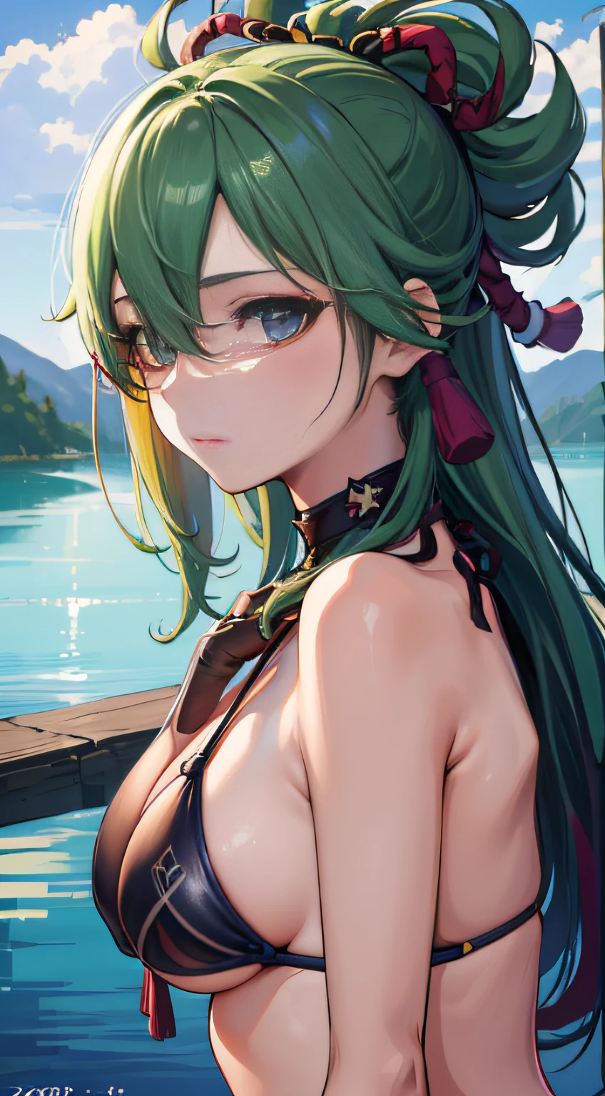 (NSTDA.:1.2), (10, beste-Qualit, master-piece: 1.4), ultra-high resolution, (lifelike, photorealistic portrait: 1.48), 20 age, Cute Girl, (See through the microcolor bikini beetle:1.48), Famous Japanese actors, (hair over one eye:1.3), Blue Eyes, Head tilt, cowboy shot, from the side, looking at the audience, expressionless, Beautiful lake, Zeiss 150mm F/ 2.8 Hasselblad, Whole body, foot, Ultra-Wide Angle