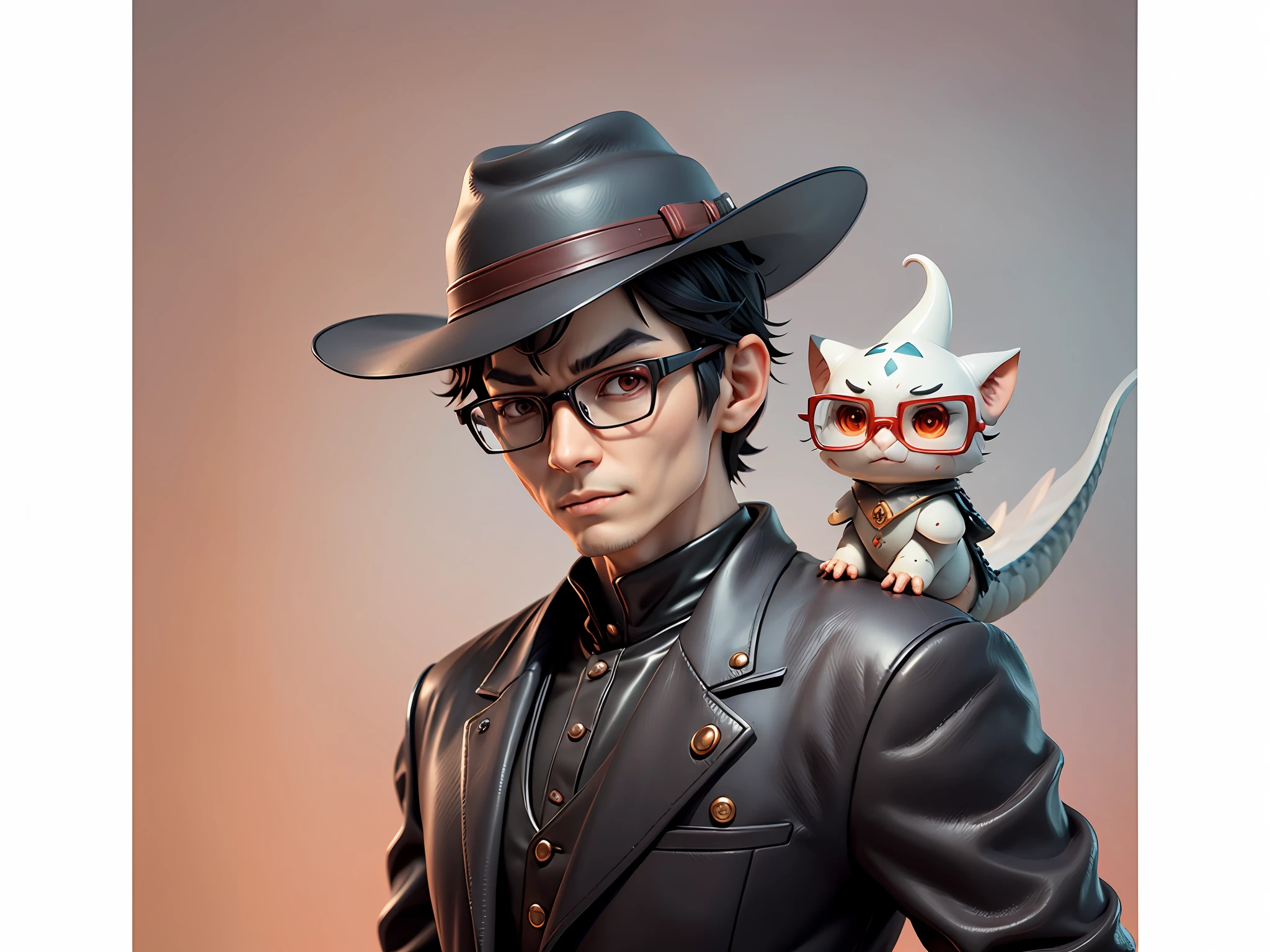 Young man with oriental face in leather hat, dragon, formal suit, short black hair, silver glasses, digital painting, 3D character design by Mark Clairedon and Pixar and Hayao Miyazaki and Akira Toriyama, the illustration is a high-definition illustration in 4K resolution with very detailed facial features and cartoon-style visuals.