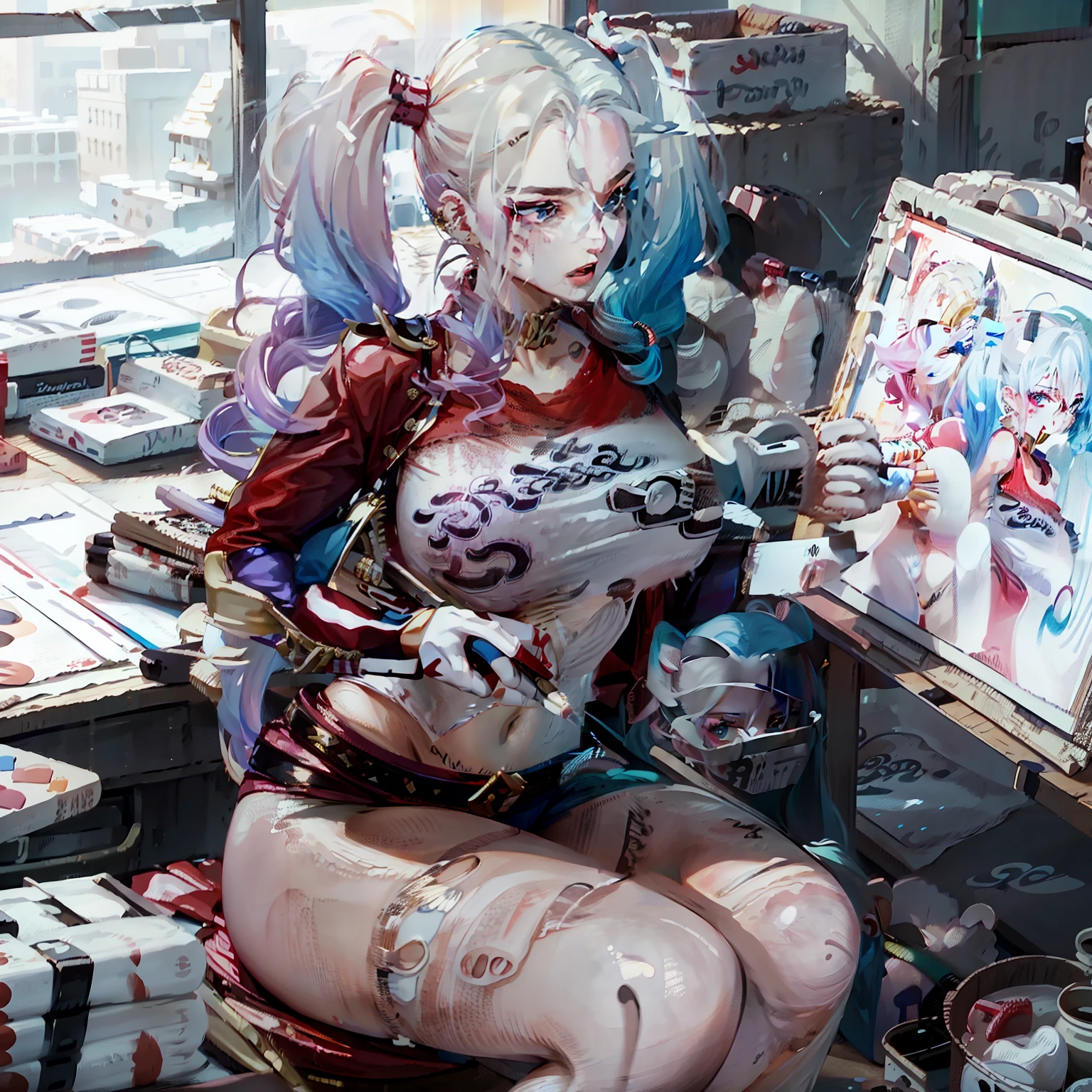 Powder blue gradient double ponytail，Royal Sister，Large breasts，hot girls，Drawing board，Painter，Art studio，artist