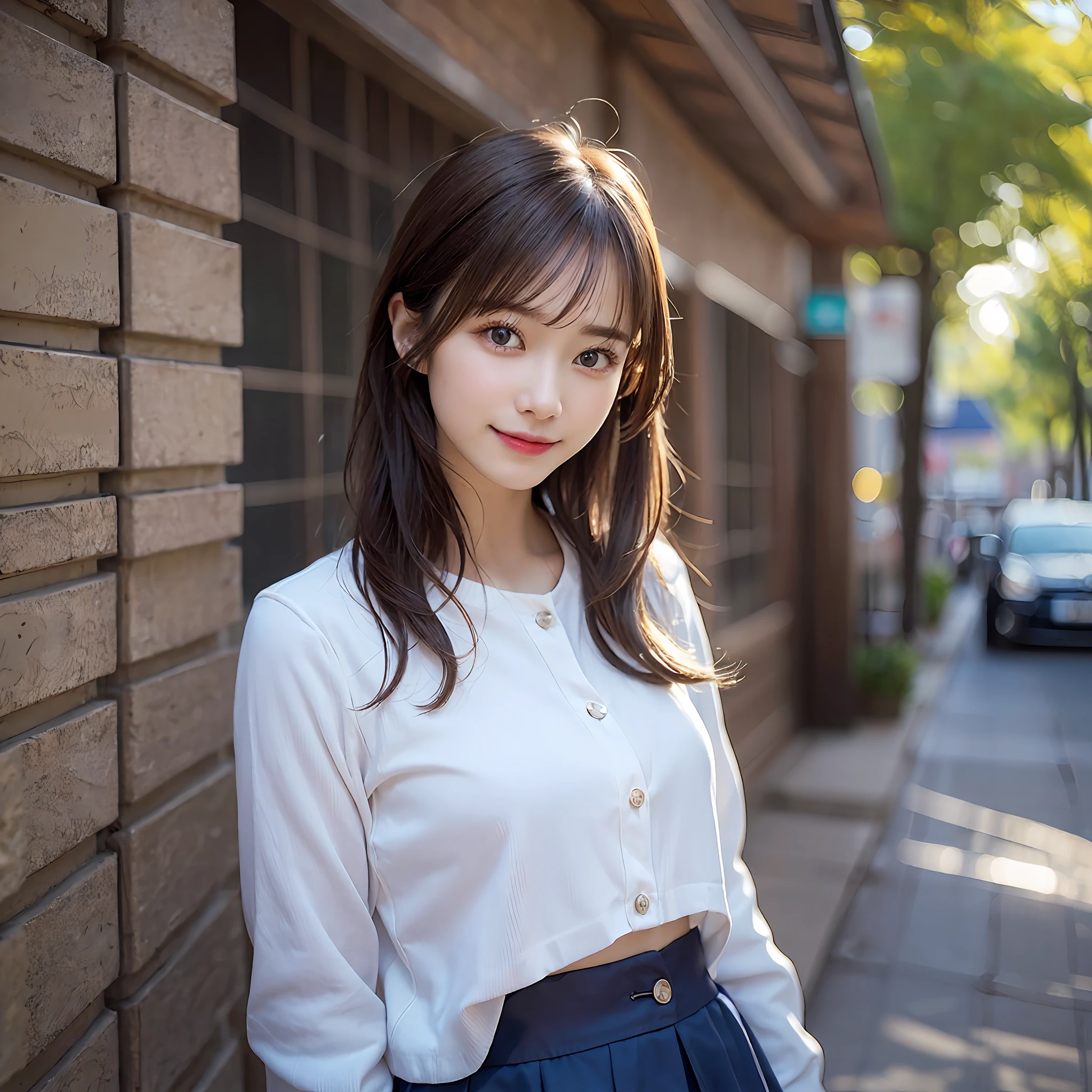 {“query”: “a person”}、((Realistic lighting、top-quality、8K、masterpiece:1.3))、Focus:1.2、1 girl、Perfect figure:1.4、Slim abs:1.1、((dark brown hair))、(Dark blue jacket)、(Dark blue skirt)、(White shirt)、(outside of house、Daytime:1.1)、(Super fine face、A smile)、big eye、24