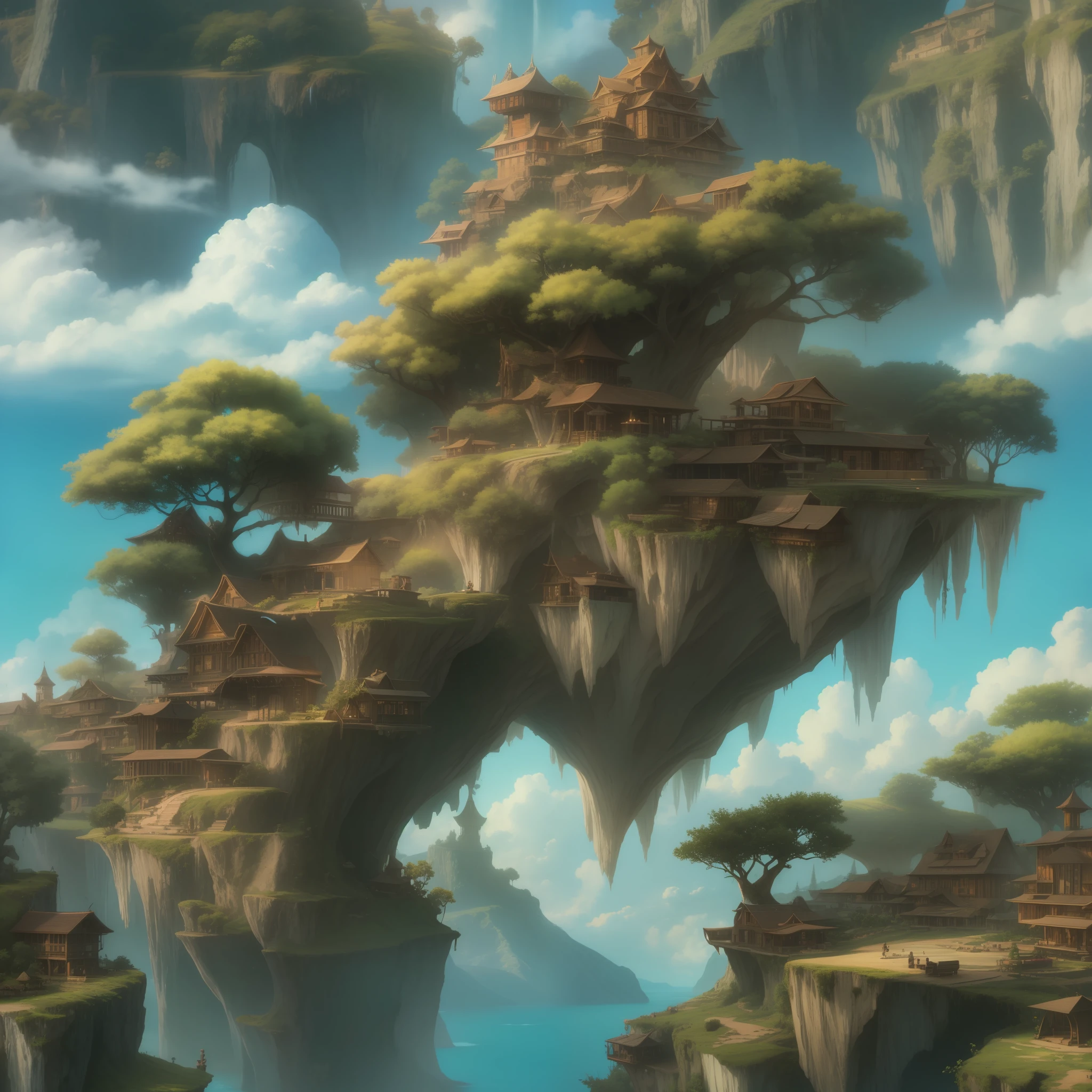 wow2wow, tree, mountain, floating island, cloud, tree, water, masterpiece, best quality, more detailed, best aesthetics, higher contrast, highest resolution, best details, 8K wallpapers,