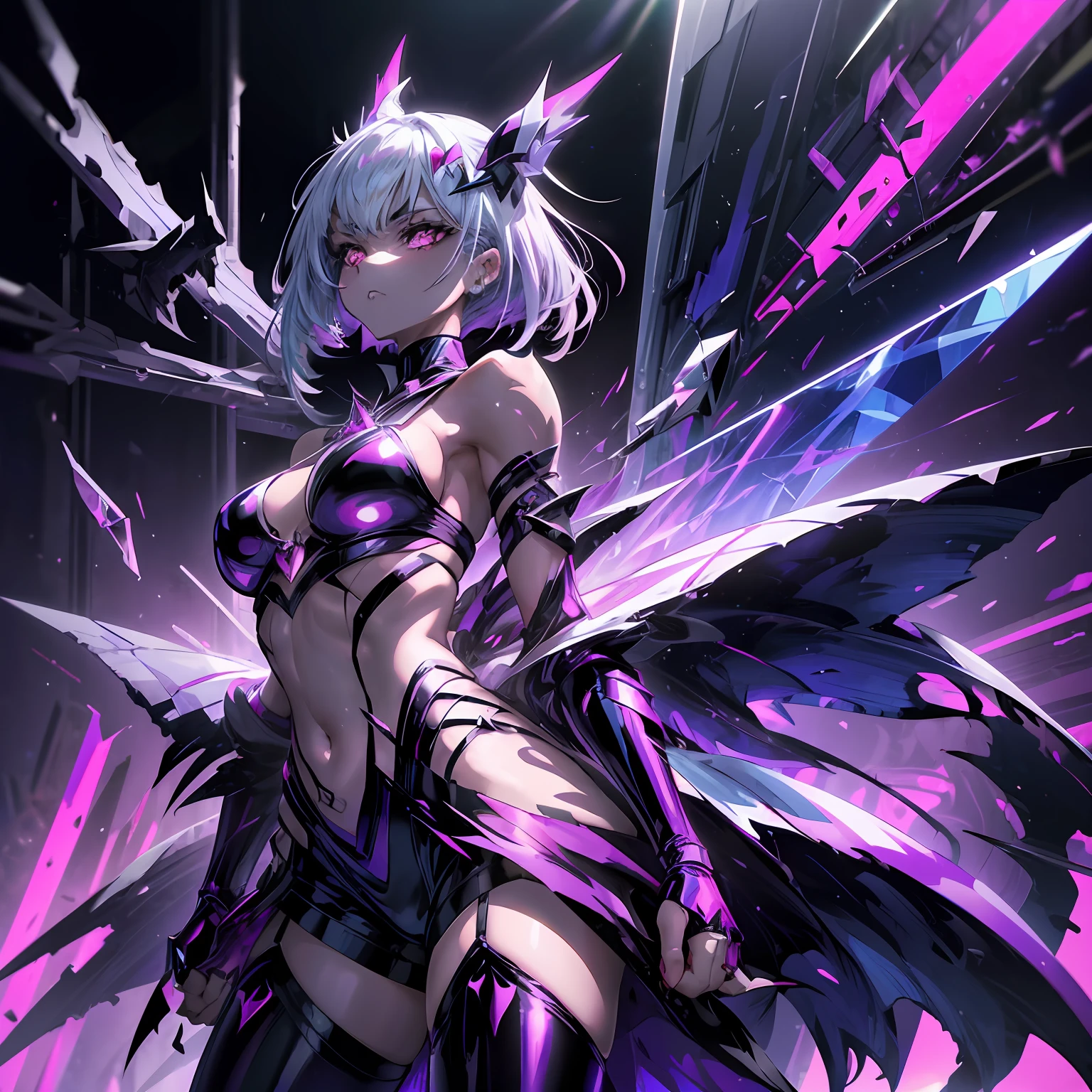An evil magical girl in a skimpy outfit stands alone. Her costume is made up of latex fabric and transparent tights. She wears sharp black bikini armor. A hair ornament with sharp angles on her head. Sharp claws on her fingertips. A heart tattoo around her navel. pink eyes that shine with light. Futuristic machines in the background