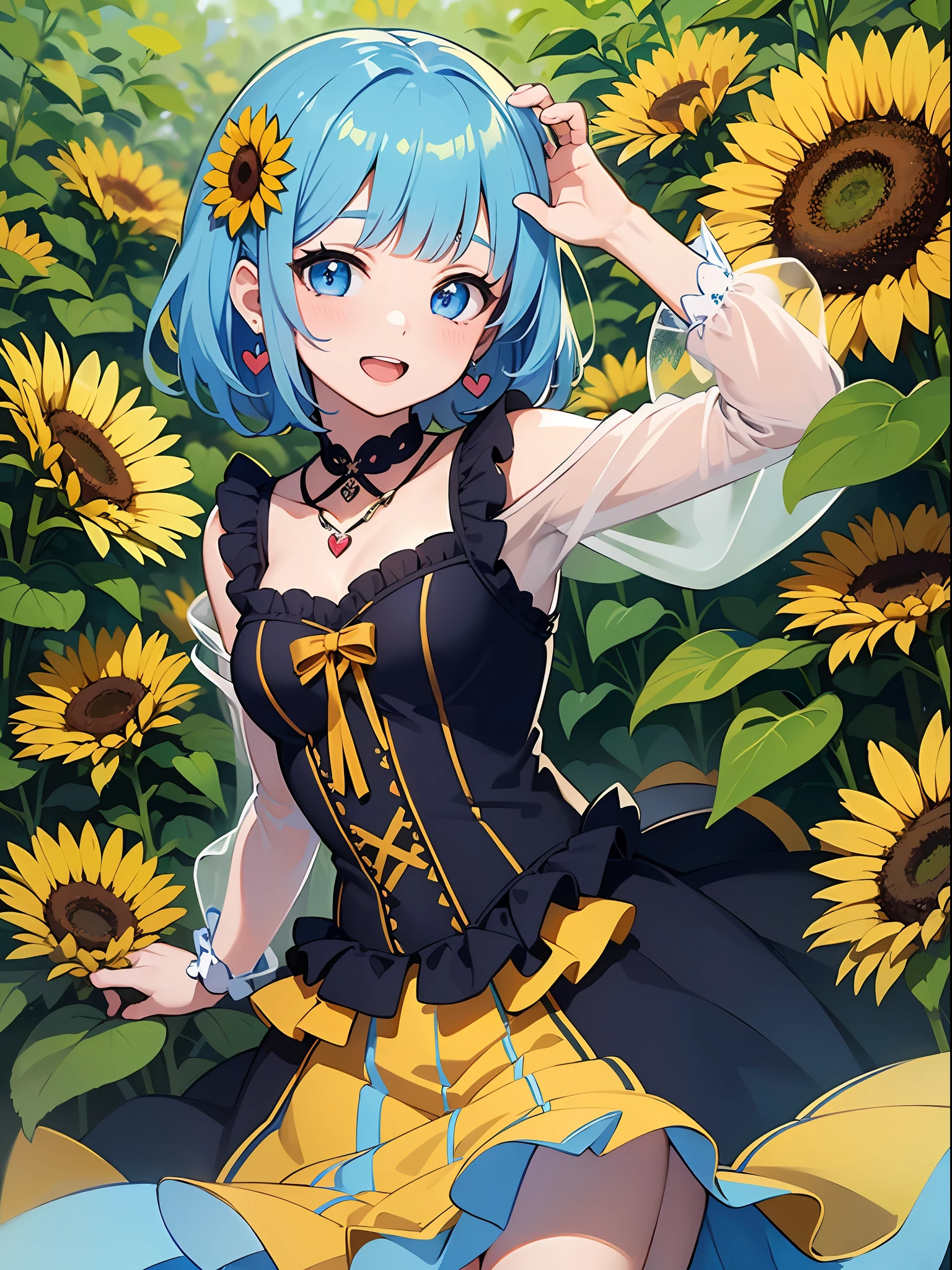 (masterpiece:1.3), (best quality:1.3), high resolution,
couboy shot,
leaning forward, body facing forward,
(one cute girl:1.3), solo,
white skin, small Breast, eight-headed person,
light blue hair, (bobbed hair:1.2), (short hair:1.2), (blunt bangs:1.2), beautiful hair, blue eyes, beautiful detailed eyes,
blush, open mouth, heart, cheerful smile,
blue check skirt, Idol costumes, frill, earrings,
outdoors, flower garden, natural park, sunflower,
shadowlighting,