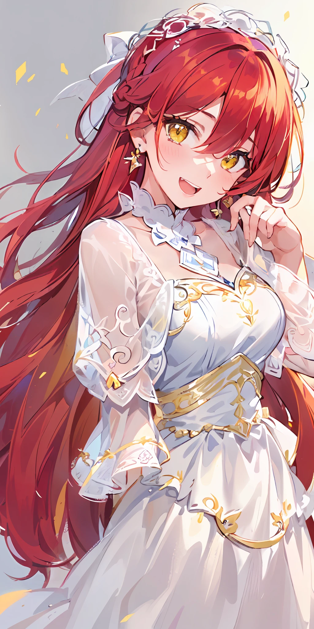 ((best quality, masterpiece)), (1girl, solo, sharp face, dynamic angle, emotional face, very happy face, long hair, red hair, hair between the eyes, yellow eyes, finely detailed beautiful eyes:1.2), (beautiful detailed face), (beautiful dress), (an extremely delicate and beautiful), high contrast,