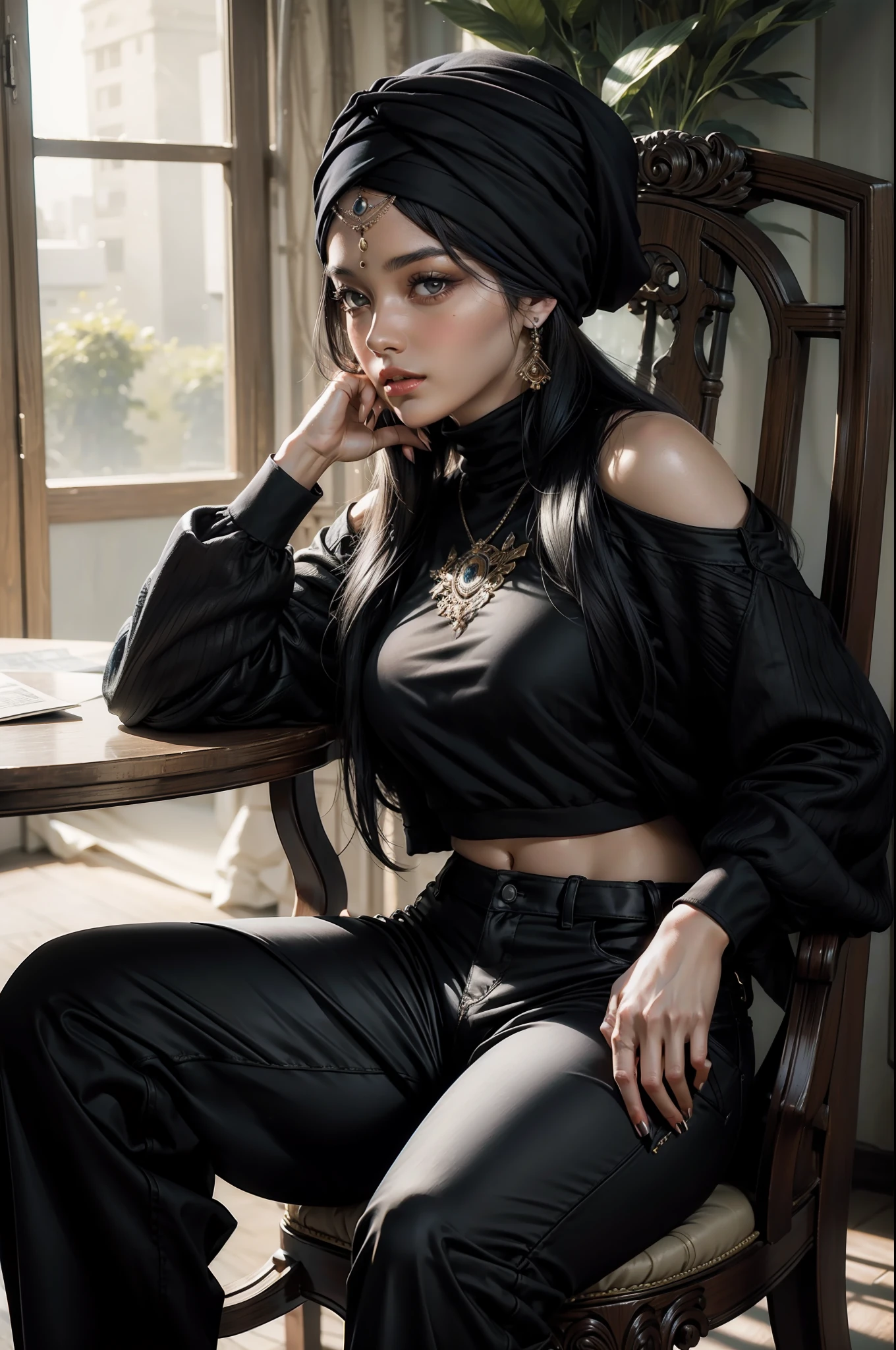 (ultra realistic, masterpiece) A young woman ((detailed skin)) ((wearing a turban headband)) with flowing (black hair) sits in a chair wearing ((black pants))