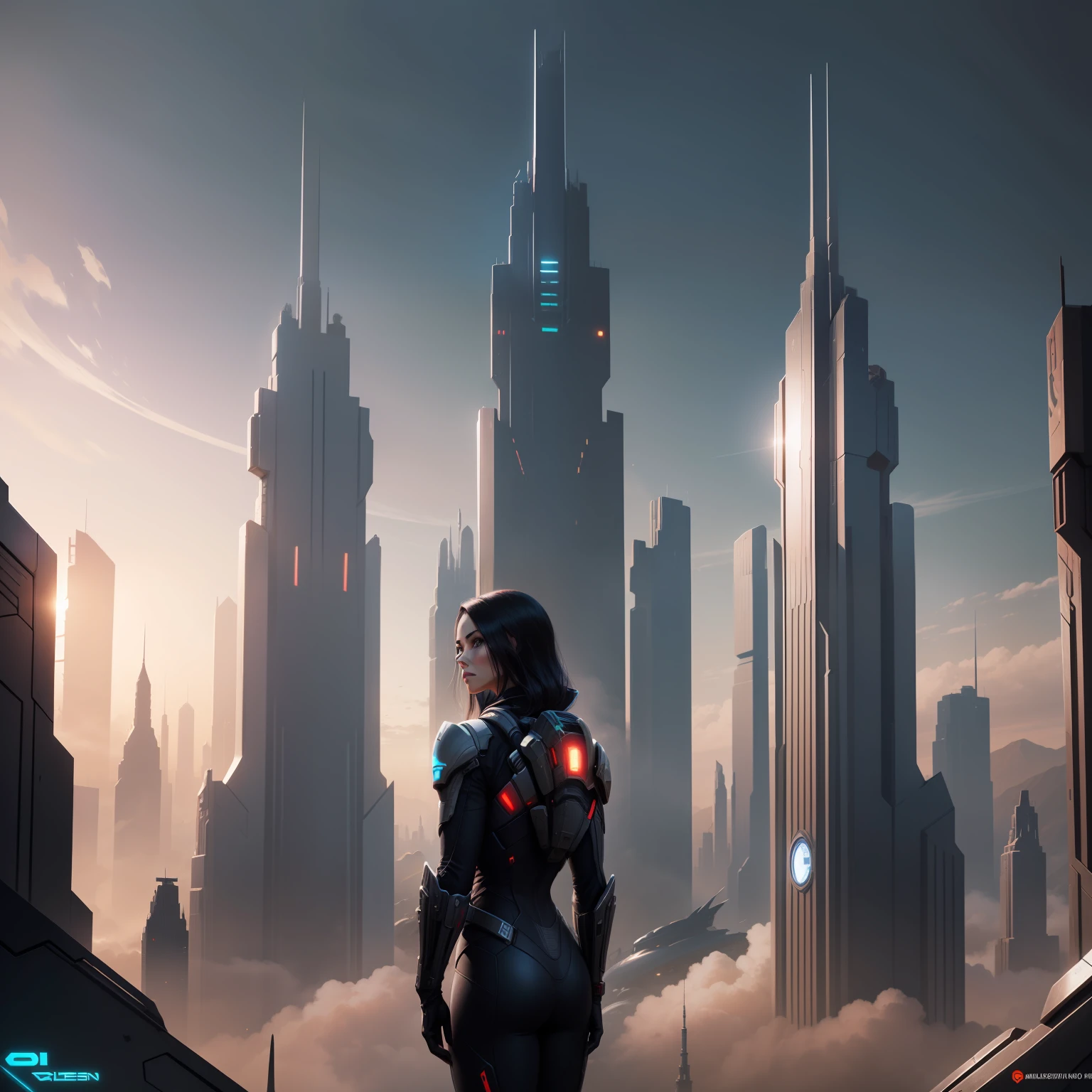 Create a futuristic city, with various alien races, estilo mass effect,