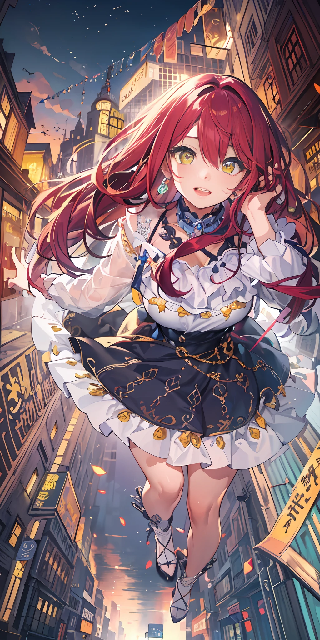 (best quality, masterpiece), (1girl, solo, sharp face, dynamic angle), (emotional face, very happy face), (colorful hair, long hair, red hair, yellow highlights, hair between the eyes), (colorful eyes, yellow eyes, finely detailed beautiful eyes:1.2), (beautiful detailed face), (beautiful dress), (an extremely delicate and beautiful), high contrast, (detailed background, best illumination, hyper detailed background, street at night, high iluminated street),