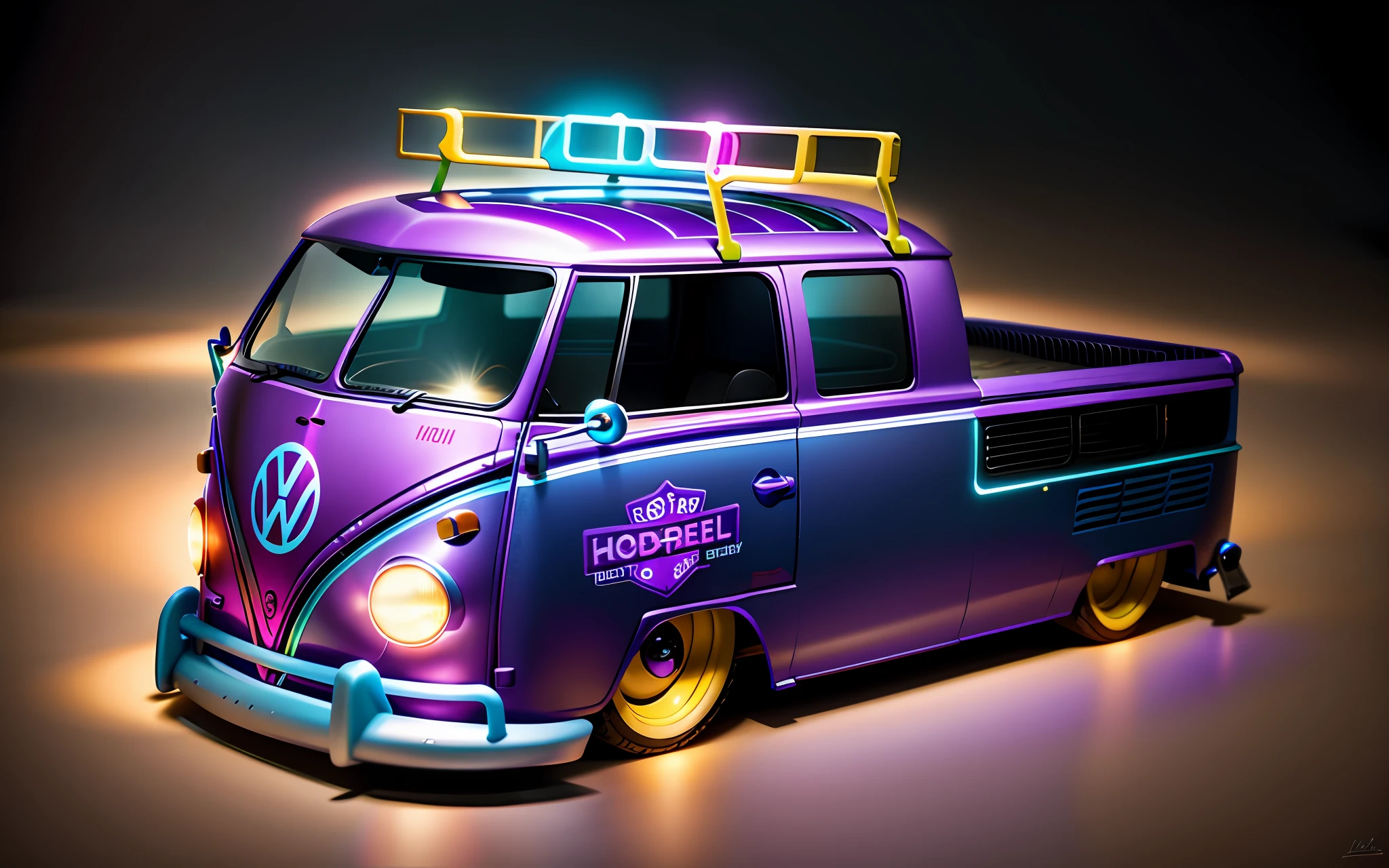 a close up of a toy van with a ladder on top, kombi, 🕹️ 😎 🔫 🤖 🚬, front angle, 2013, 2 0 1 2, 2012, bottom angle, a wide full shot, detailed wide shot, 2014, 2 0 1 4, mattel, angled view, hasbro, hotwheels, GlowingStonesAI_purple