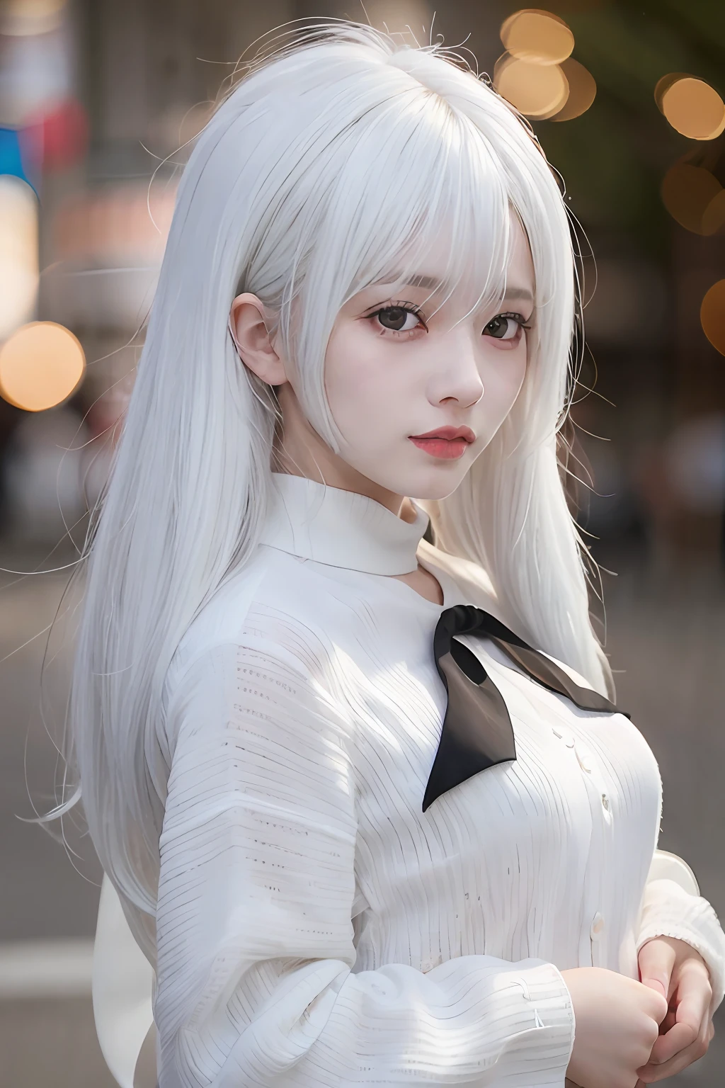 top-quality、Photorealsitic、8K、hight resolution、1girl in、femele、(fullnude)、(Skindentation)、(middlebreast)、(profetional lighting、bokeh dof)、(a street)、(a person、crowd:0.6)、rinka、(natta:1.2)、(white hair:2.0)、(blouse:1.5)、(Portate:0.6)、a gorgeous、Bloom、(Floating hair)、(light particules、lensflare、Luminous particles:0.6)、(dynamicposes:1.2)、softlighting、