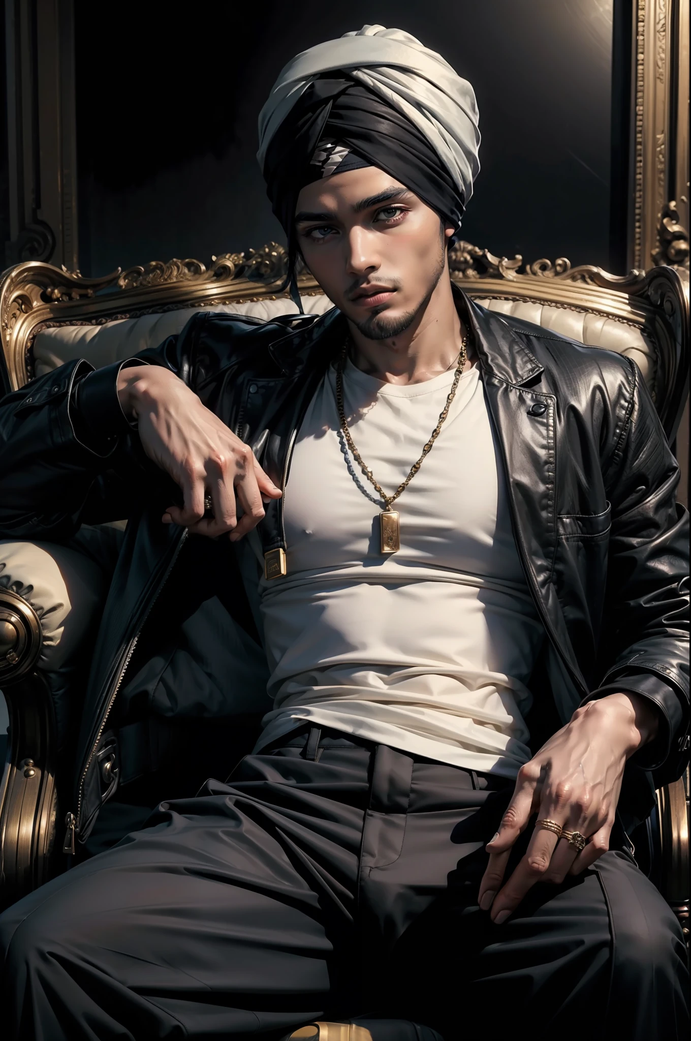 (ultra realistic, masterpiece) A young man ((detailed skin)) ((wearing a turban headband)) (black hair) sits in a chair wearing ((black pants)), ((masculine)), (male), ((wearing jacket))