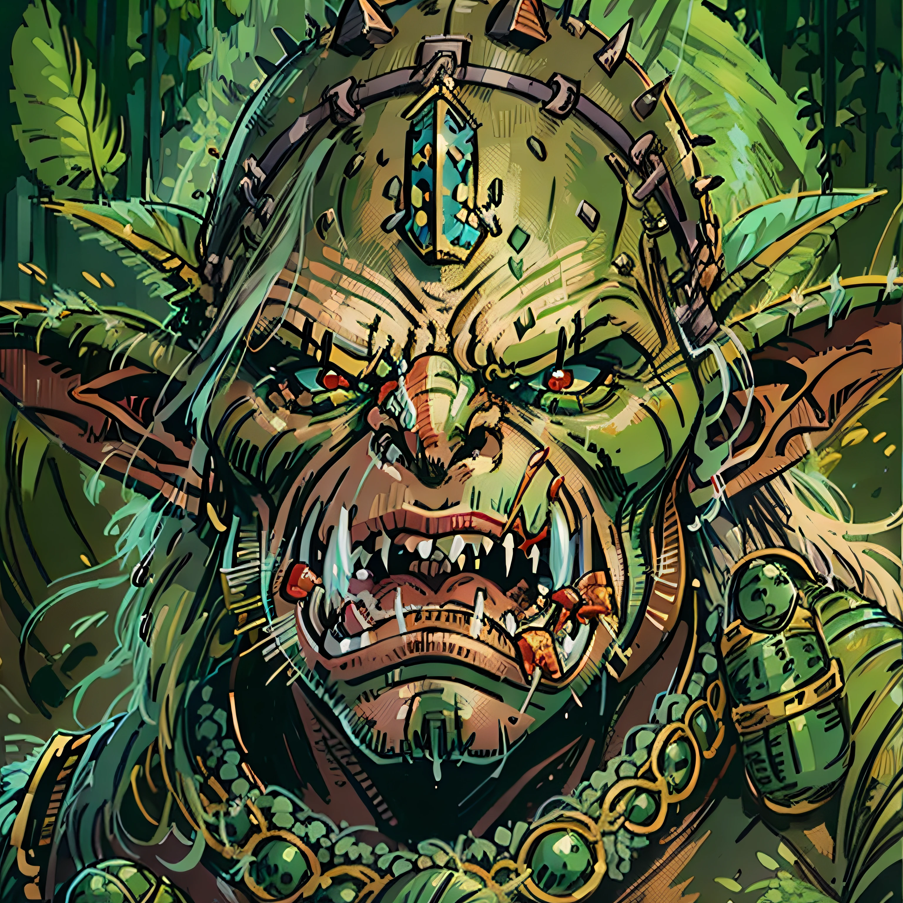 furious goblin warchief, green skin, angry, RPG character, medieval fantasy, close up portrait