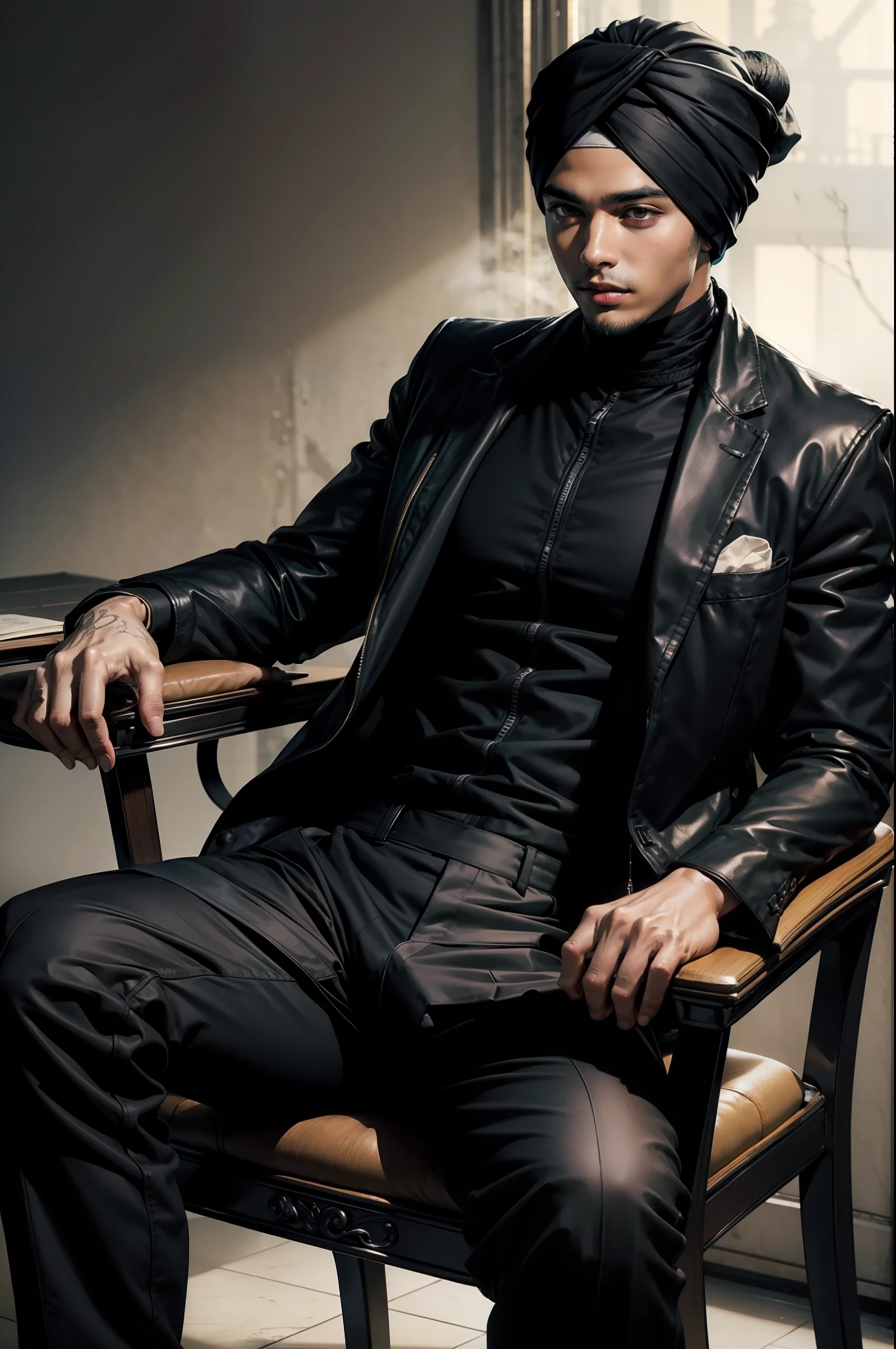 (ultra realistic, masterpiece) A young man ((detailed skin)) ((wearing a turban headband)) (black hair) sits in a chair wearing ((black pants)), ((masculine)), (male), ((wearing jacket))