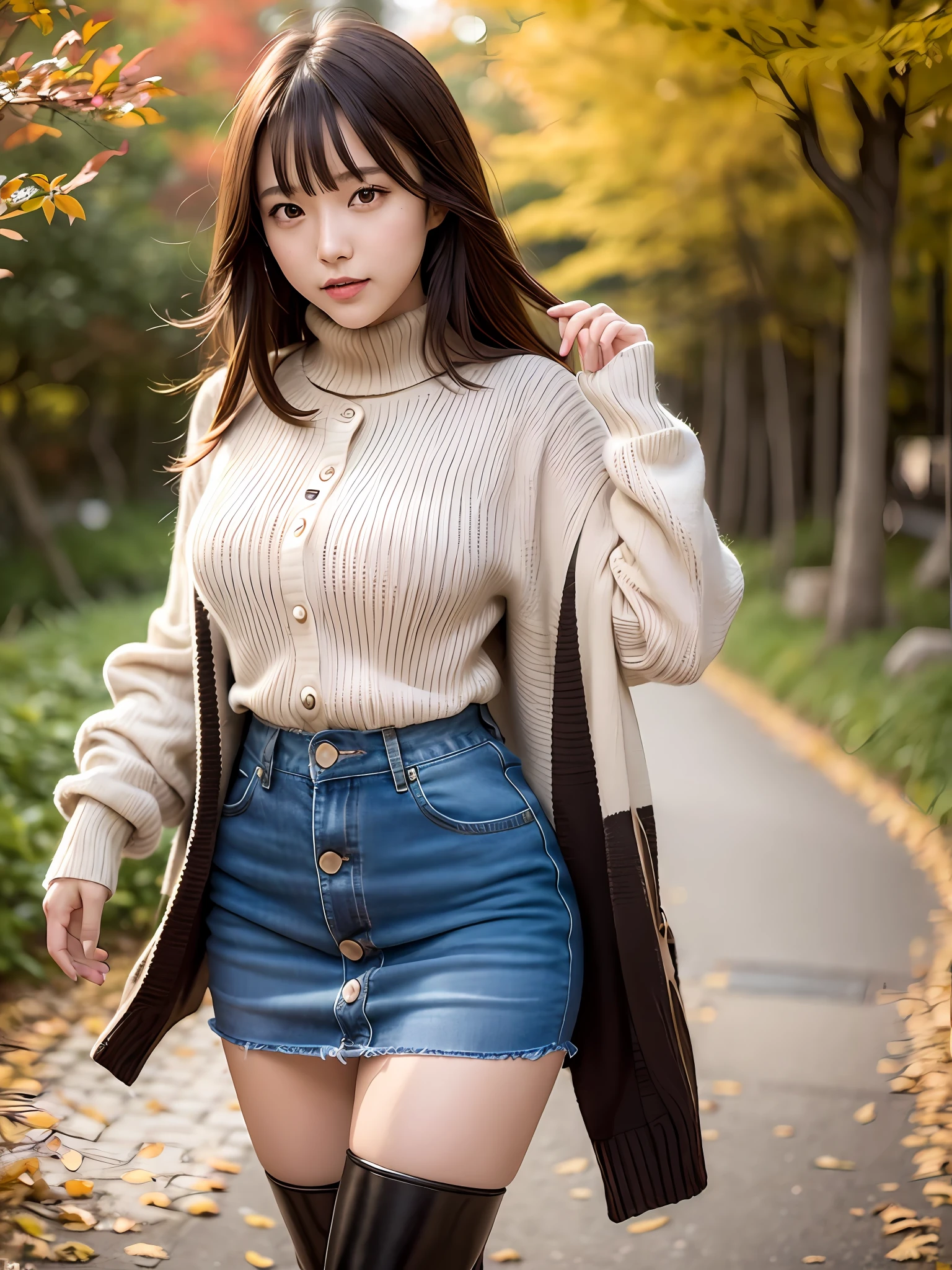 mastepiece, 1 girl per 1 photo, cowboy shot, front view, a Japanese young pretty girl, long bob hair, walking along the colorful autumn leaves in Japan, a big smile, wearing a dark brown knitted cardigan over a white turtleneck sweater, wearing denim skirt, wearing black leather long boots, hyper cute face, glossy lips, double eyelids for both eyes, natural makeup, shiny smooth light brown hair of long bob hair, asymmetrical bangs, tanned skin, central image, 8K resolution, high detail, detailed hairstyle, detailed face, cinematic lighting, octane rendering, hyper realistic, perfect limbs, perfect anatomy