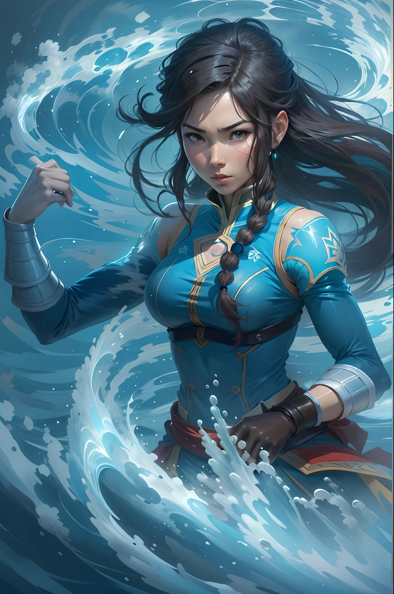 anime girl with long hair controlling water, korra from the legend of korra,legend of korra setting, asian female water elemental, fan art, epic digital art illustration, steven artgerm lau, avatar the last airbender