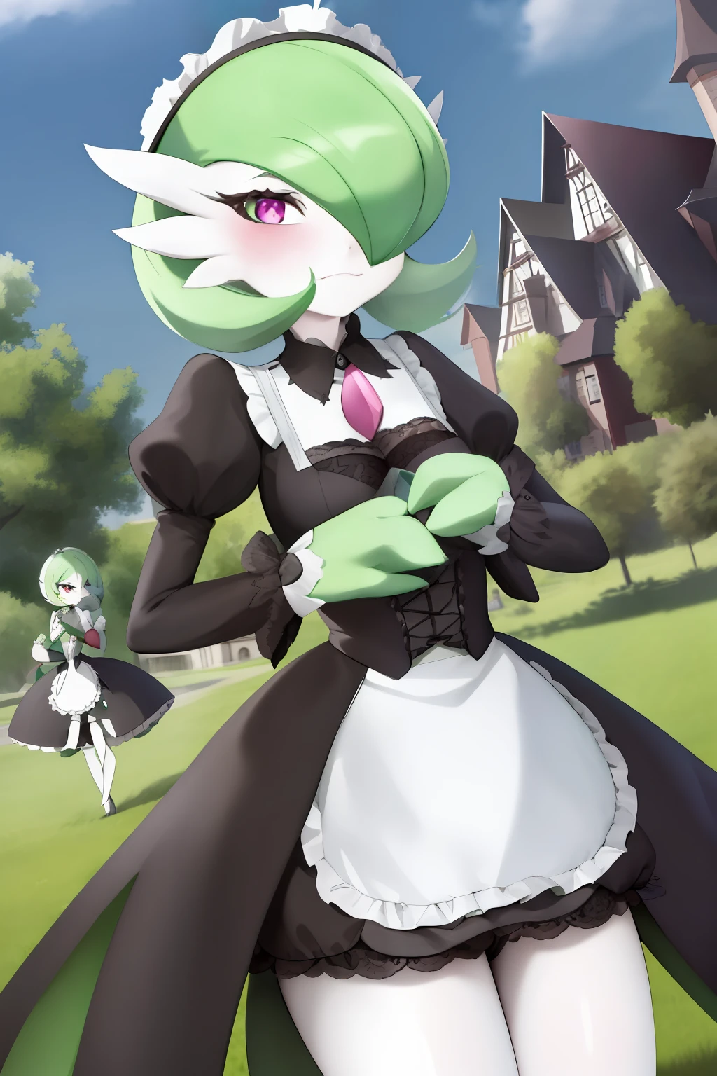 Meisterwerk, bester_Quality, 1girls, nur, Bewachen,  Pokemon \(creature\), green hair, Rote Augen, maid dress, Villa