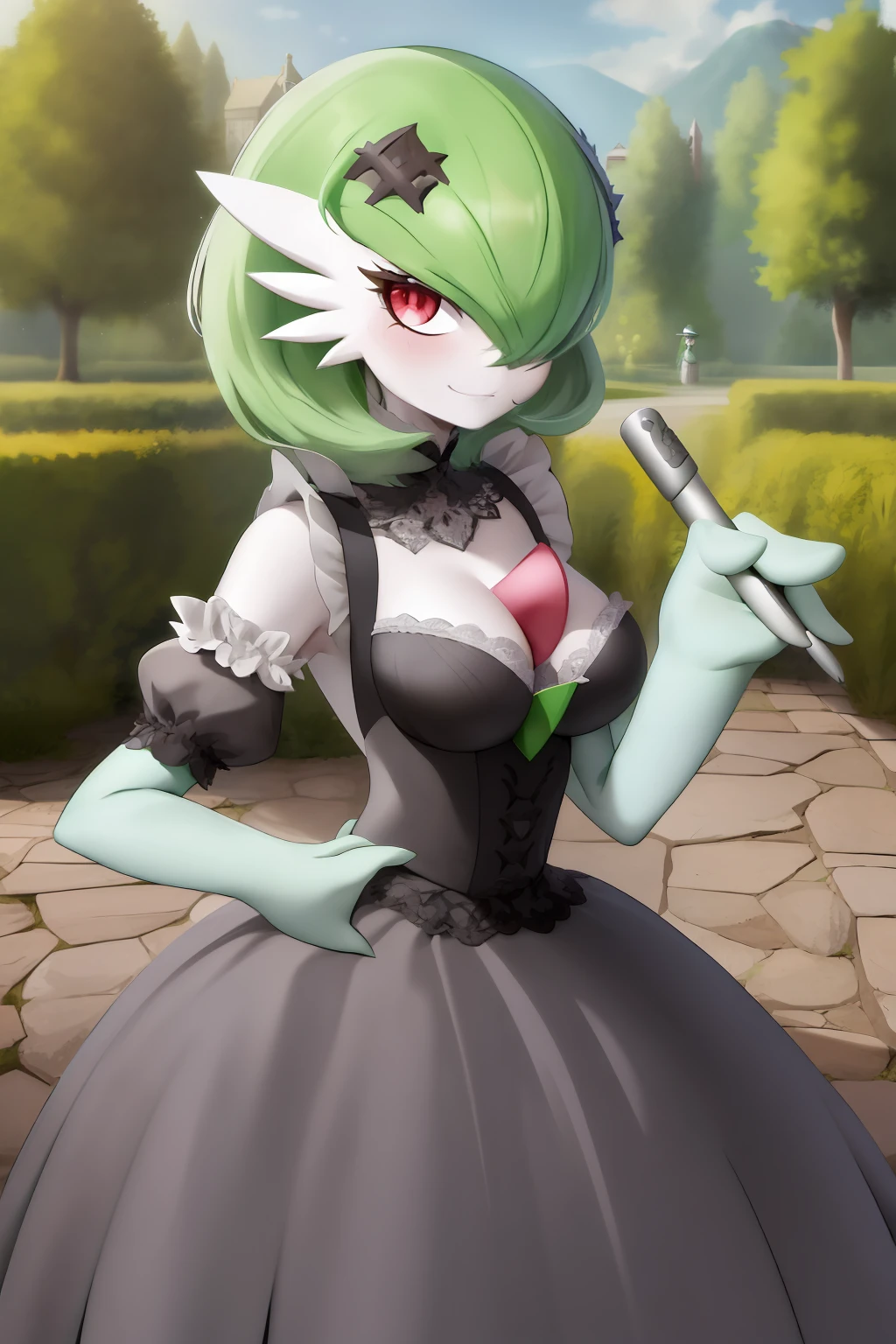 Meisterwerk, bester_Quality, 1girls, nur, Bewachen,  Pokemon \(creature\), green hair, Rote Augen, maid dress, Villa